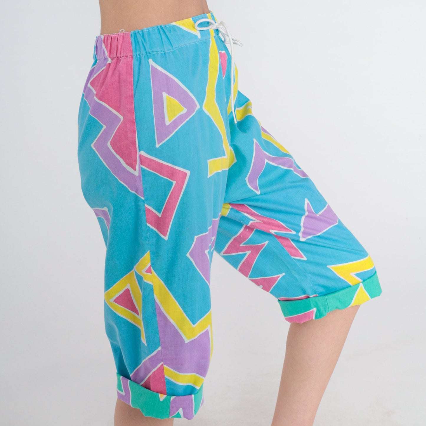 80s Blue Capri Pants Abstract Geometric Print High Waist Drawstring Small Medium
