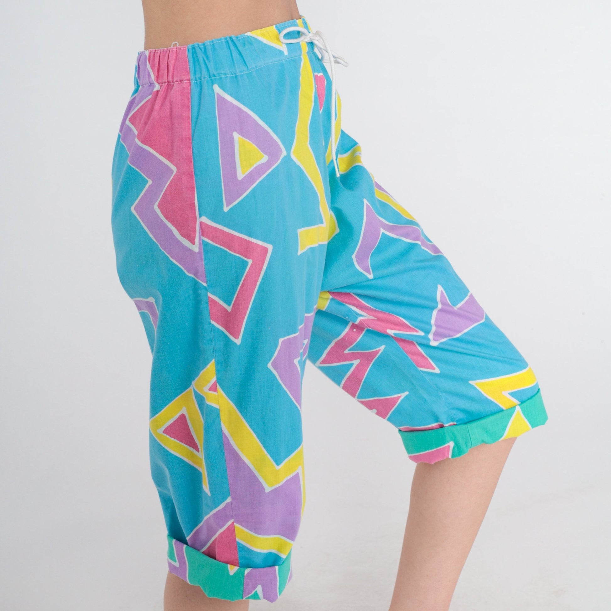 80s Blue Capri Pants Abstract Geometric Print High Waist Drawstring Small Medium