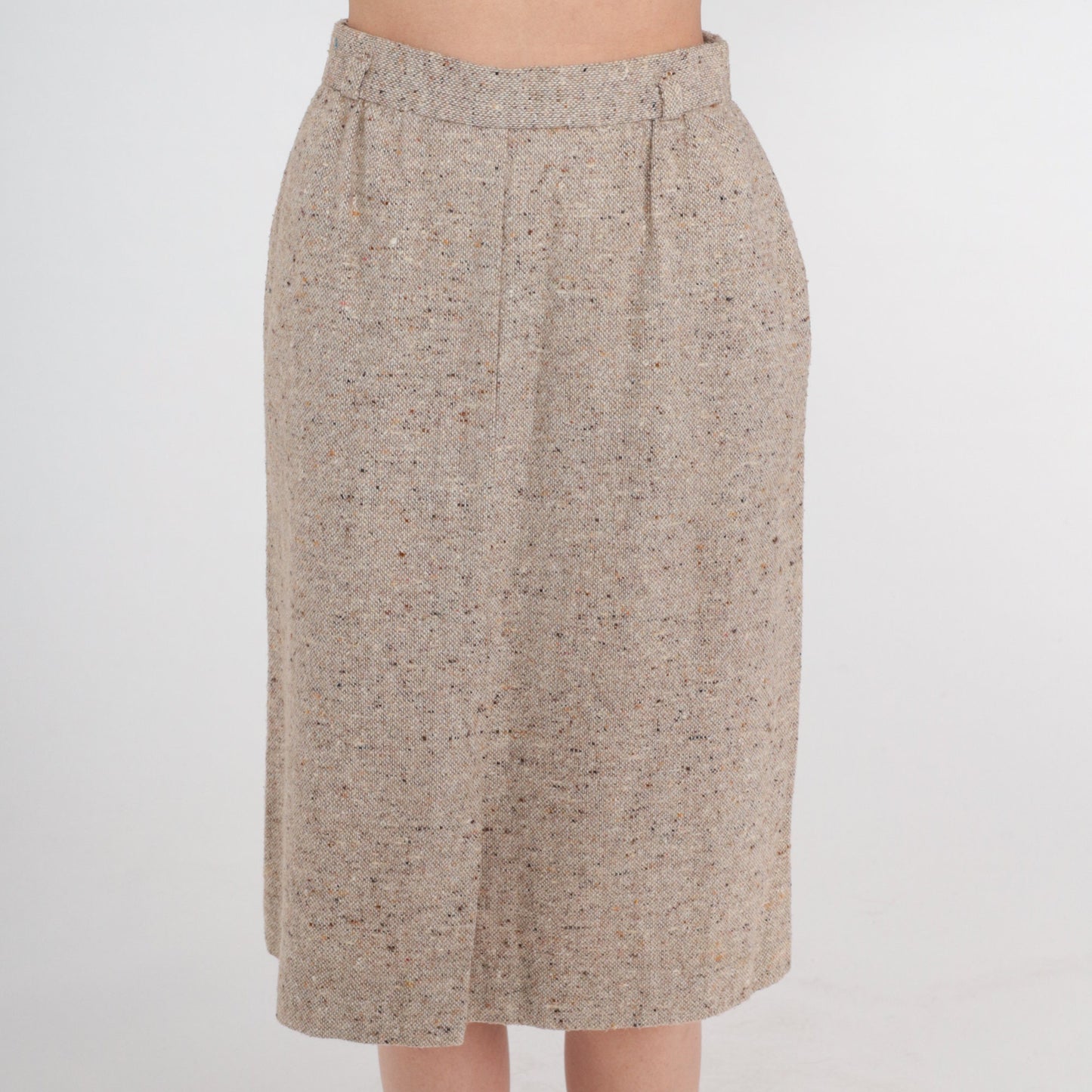 70s Wool Blend Pencil Skirt Tan High Waist Midi Front Slit Small