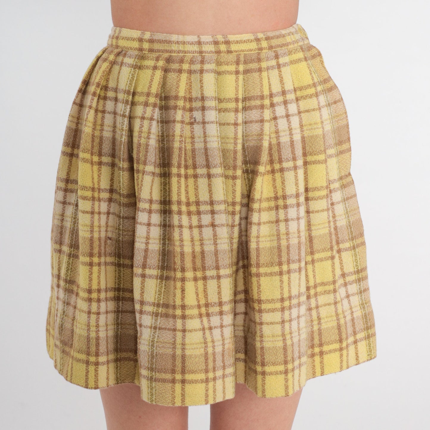 60s Yellow Plaid Wool Mini Skirt High Waisted Pleated School Girl Extra Small