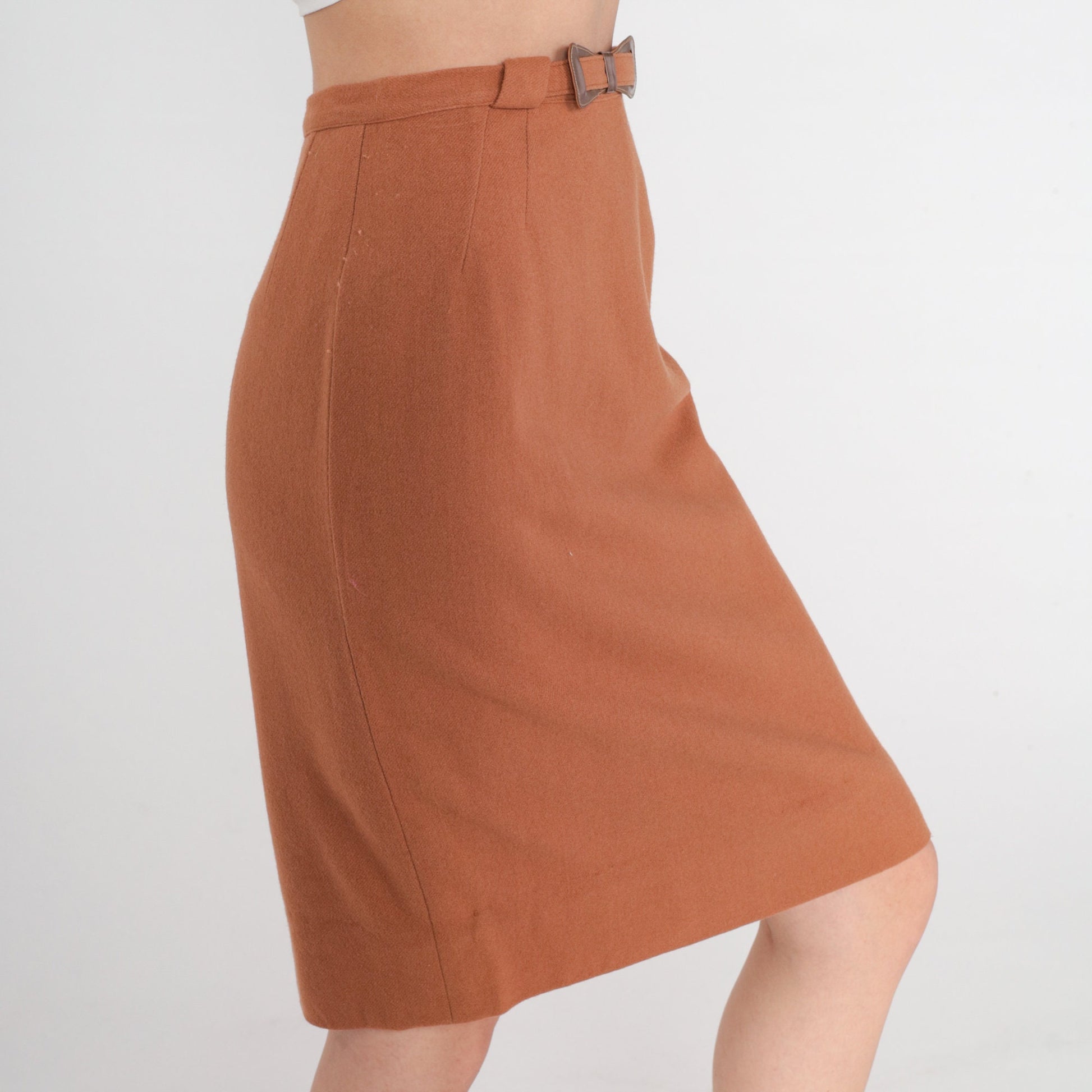 70s Brown Wool Mini Pencil Skirt High Waist Rear Slit Small