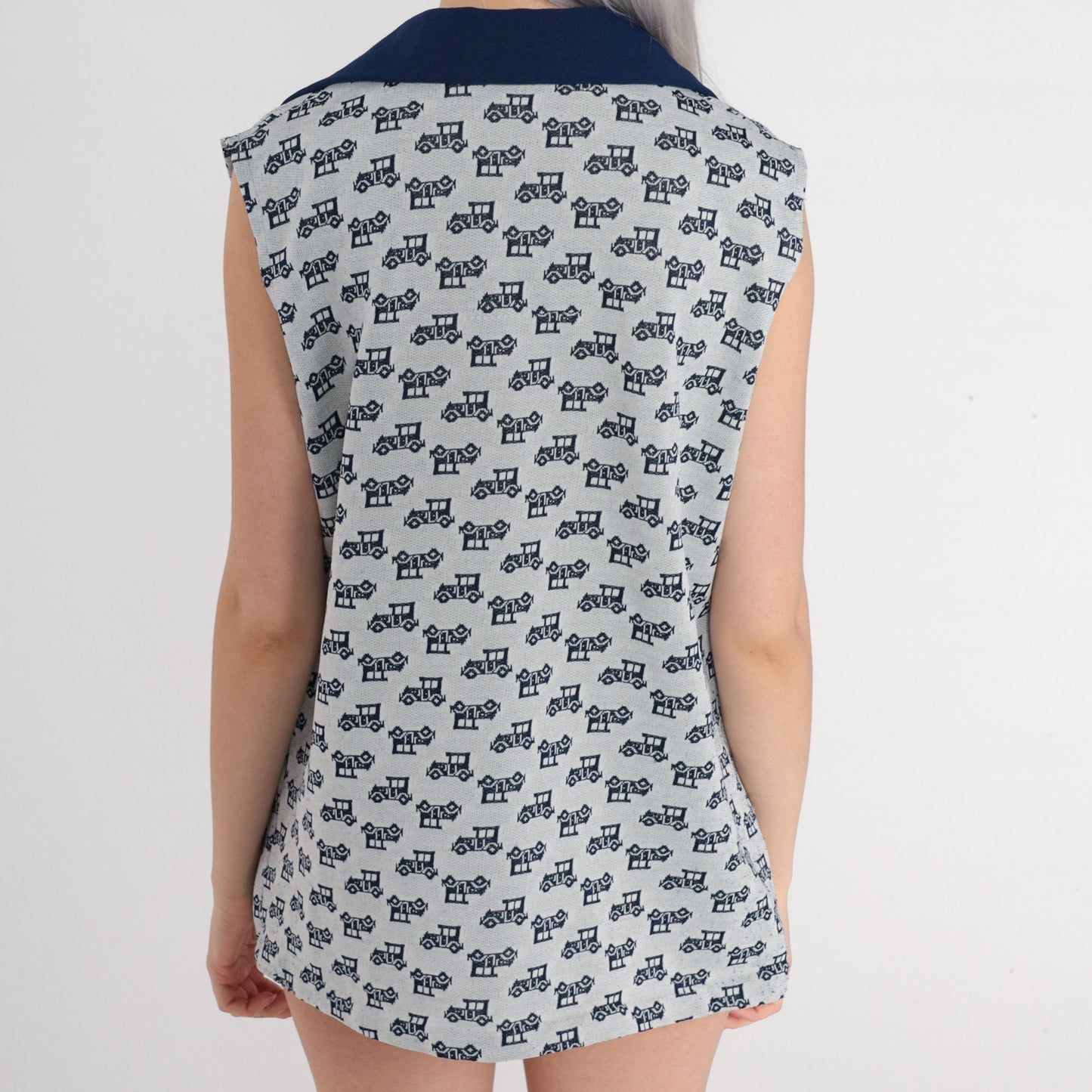 70s Antique Car Print Tank Top Navy Wing Collar Sleeveless Knit Extra Large