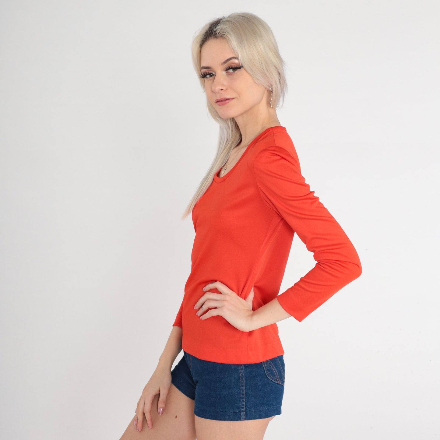 70s Red-Orange Scoop Neck Long Sleeve Shirt Small