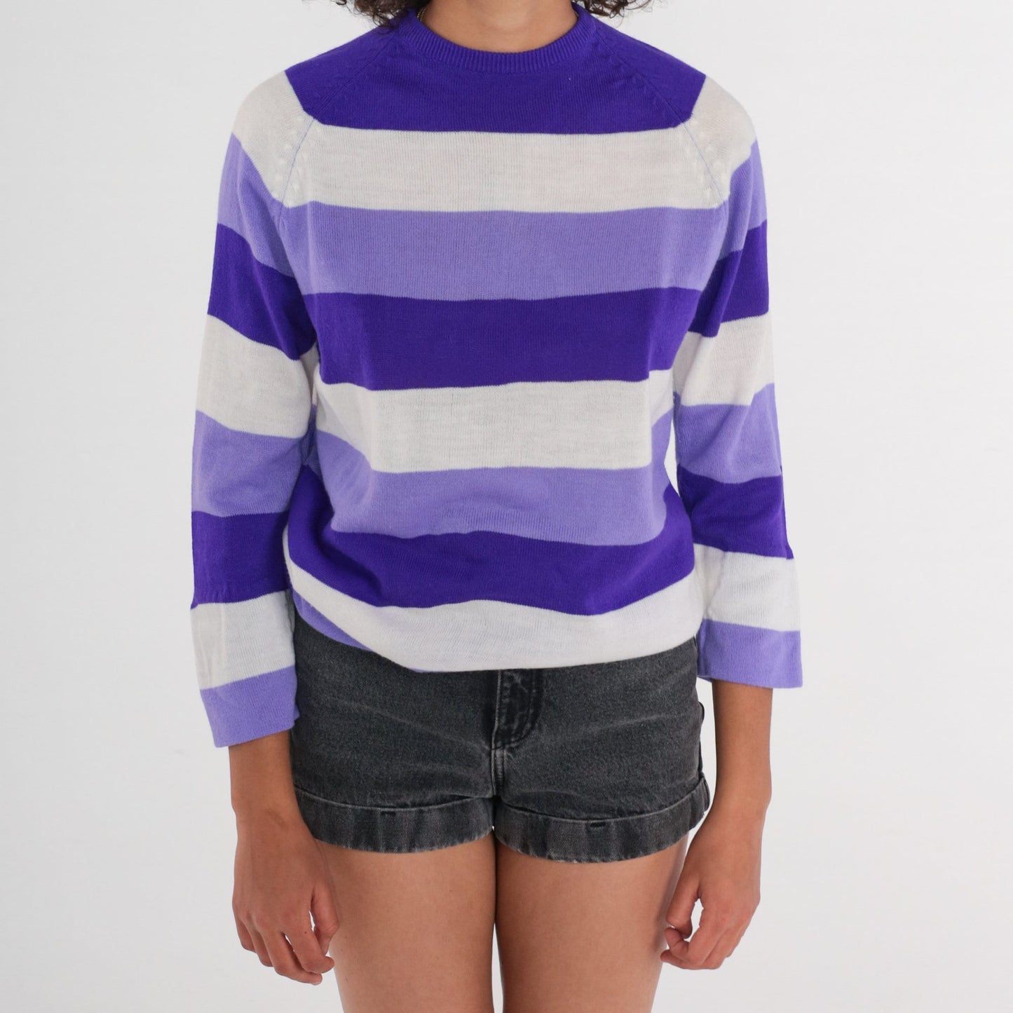 70s Striped Knit Sweater Purple Lavender White Raglan Sleeve Extra Small