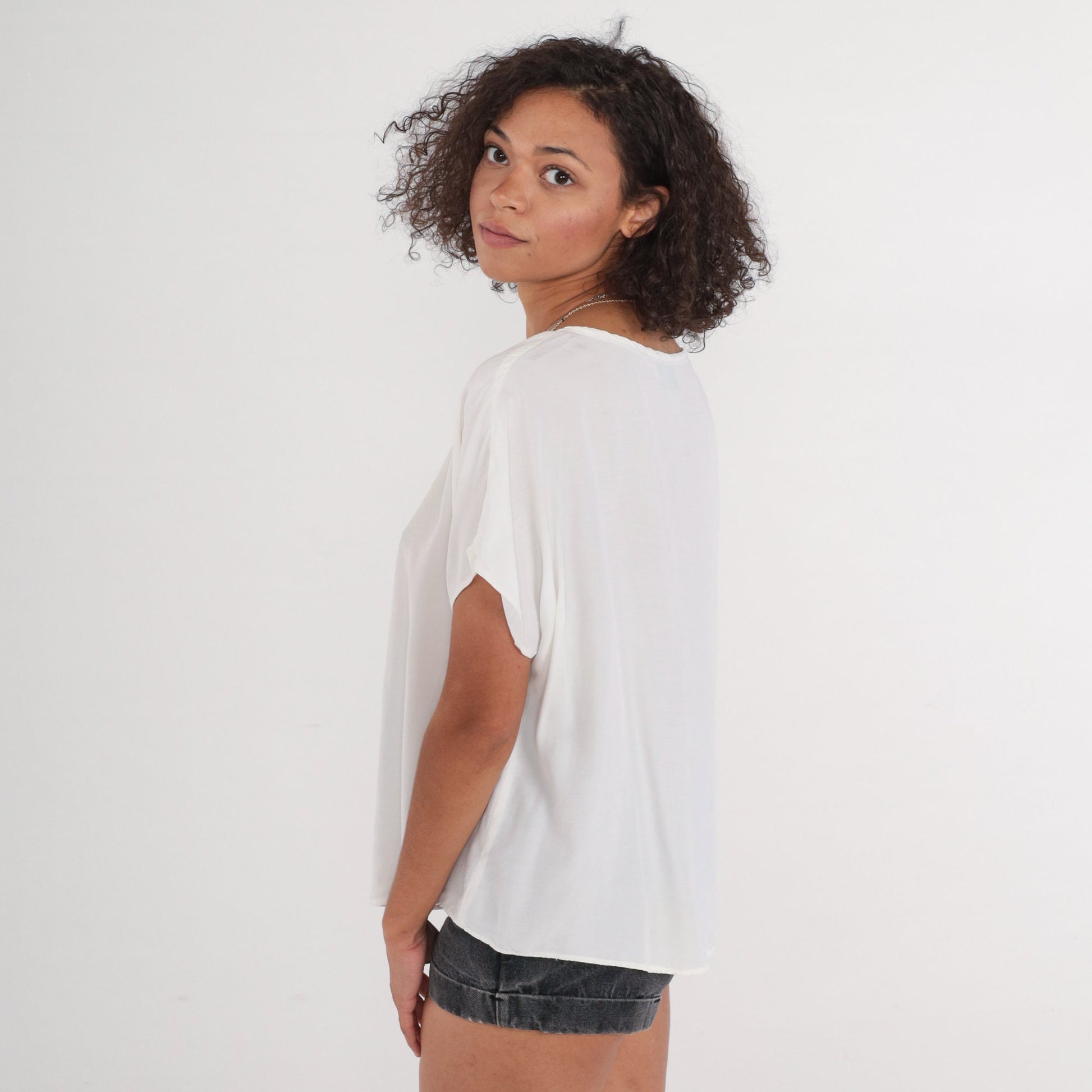 90s White Floral Lace Appliqué Blouse Short Sleeve Top Extra Large XXL
