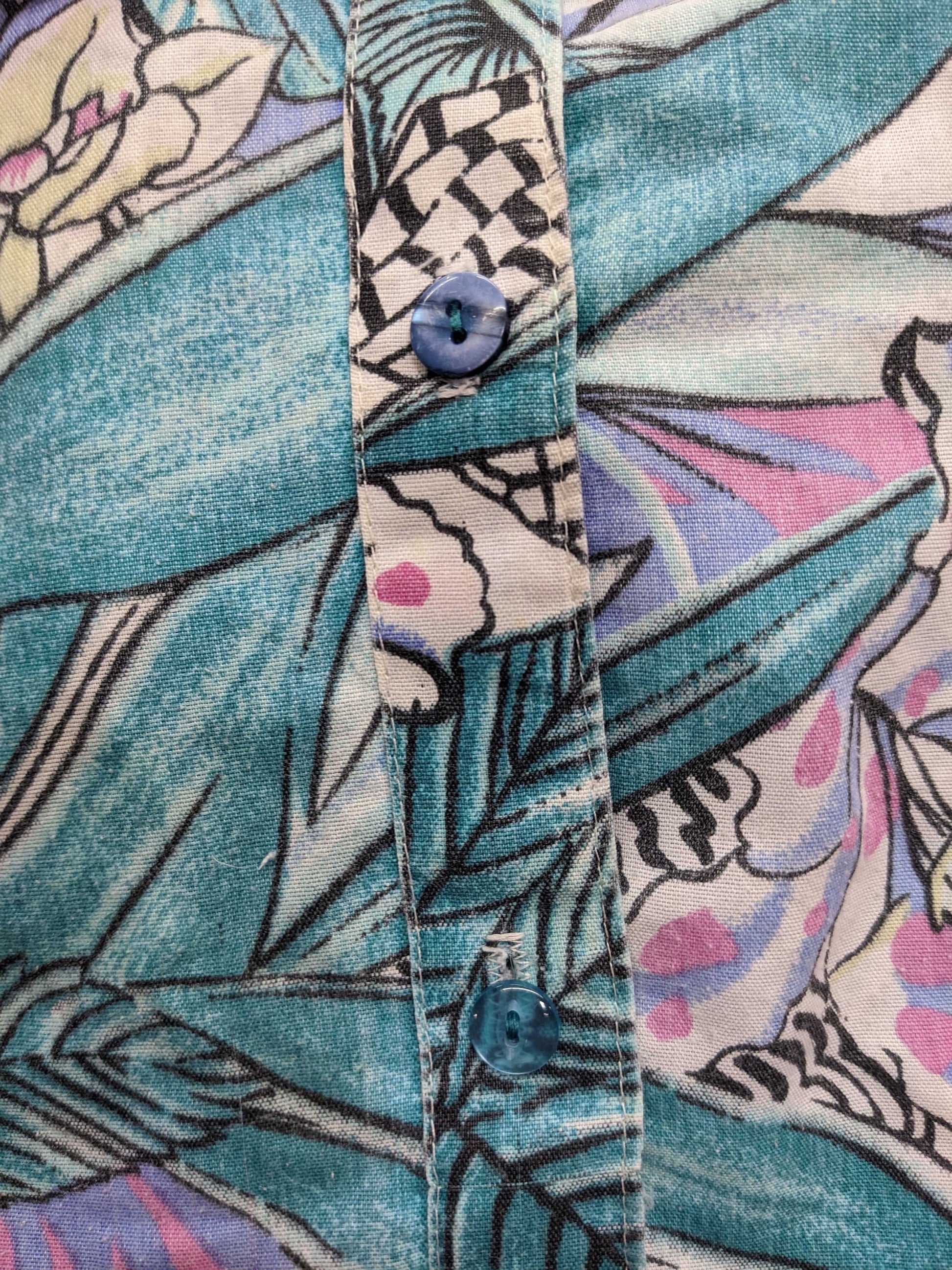 90s Tropical Leopard Floral Button-Up Blouse Pink Purple Blue White Large L