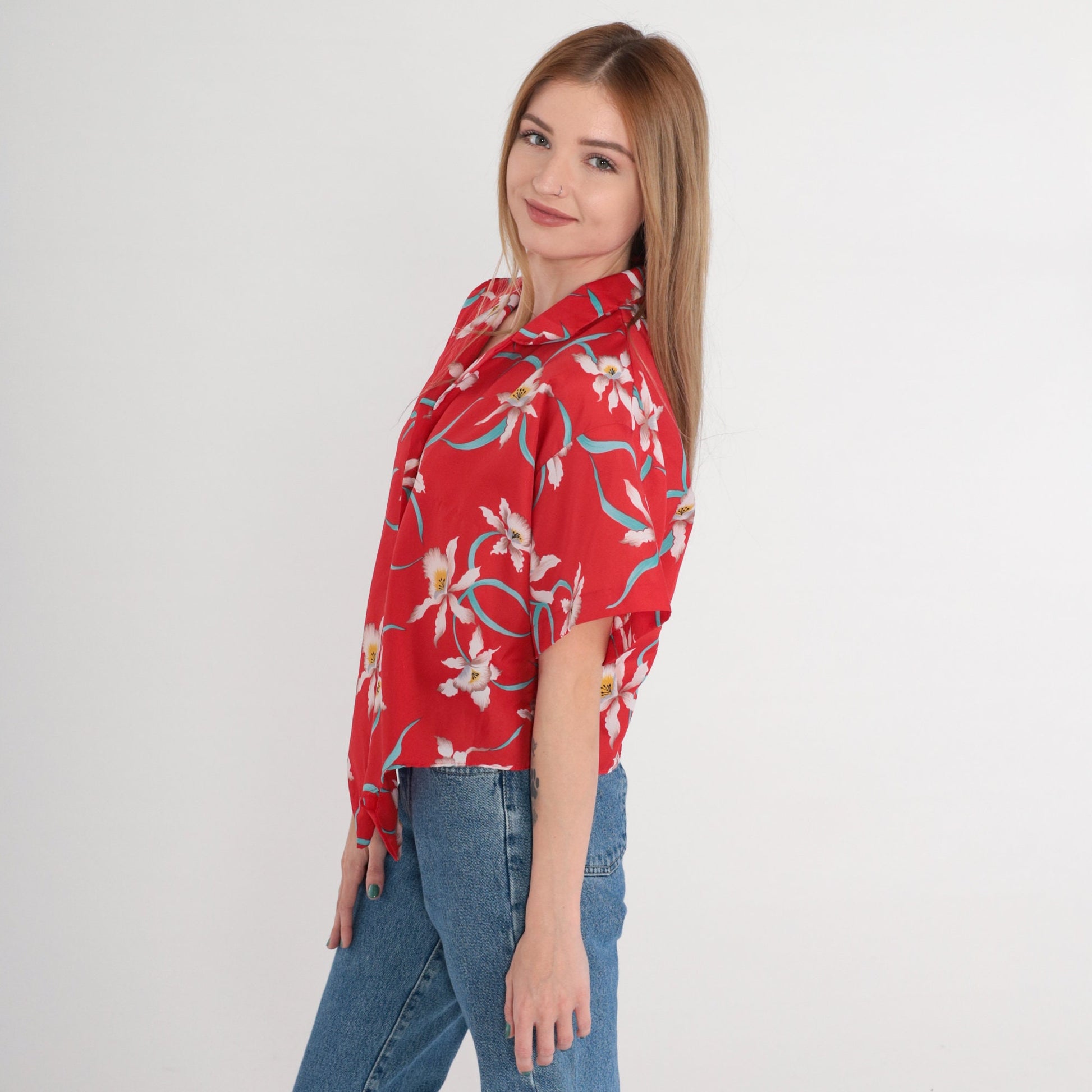 90s Red Tropical Floral Button-Up Shirt Tie Front Short Sleeve Medium M