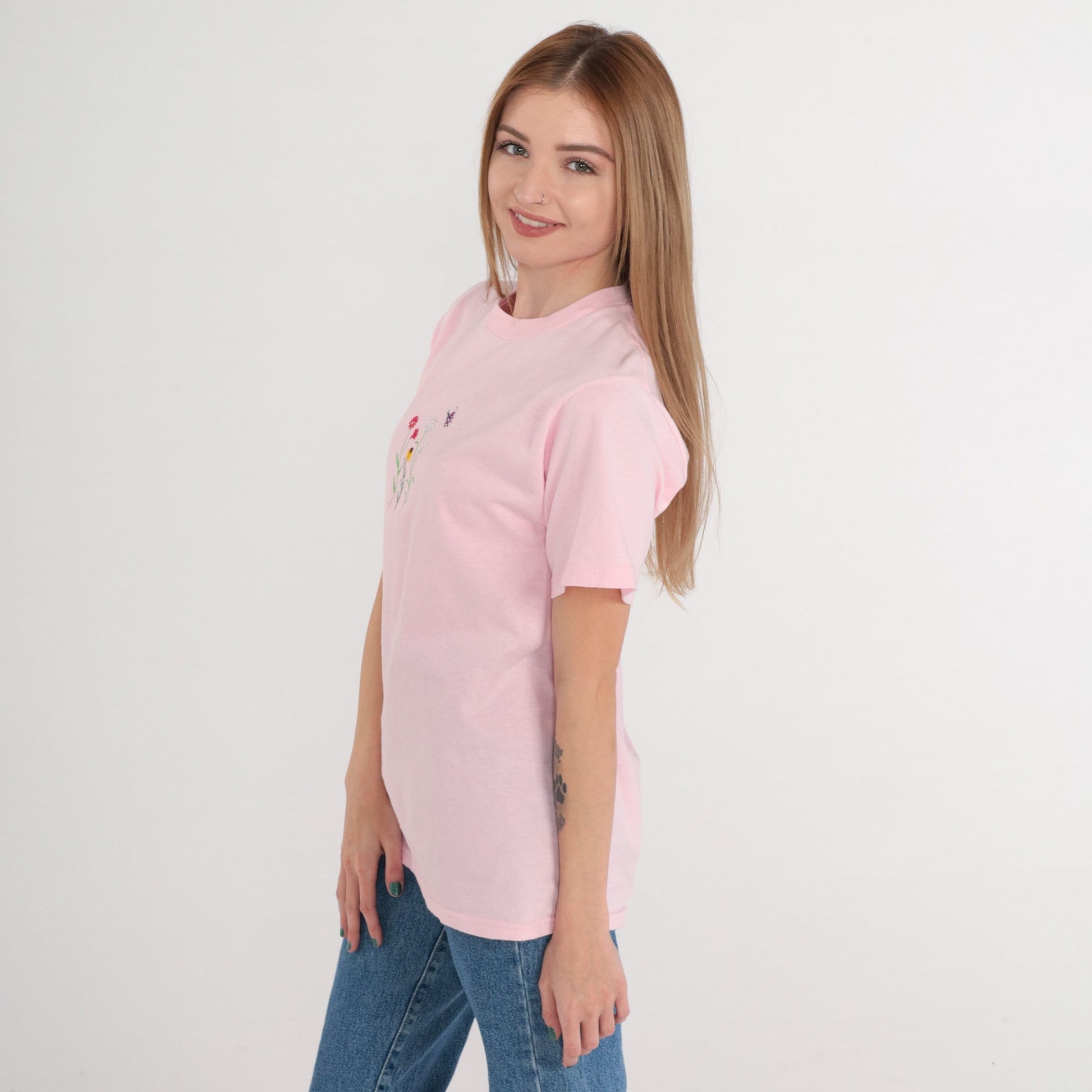90s Pink Floral Butterfly T-Shirt Embroidered Rhinestone Cotton Small