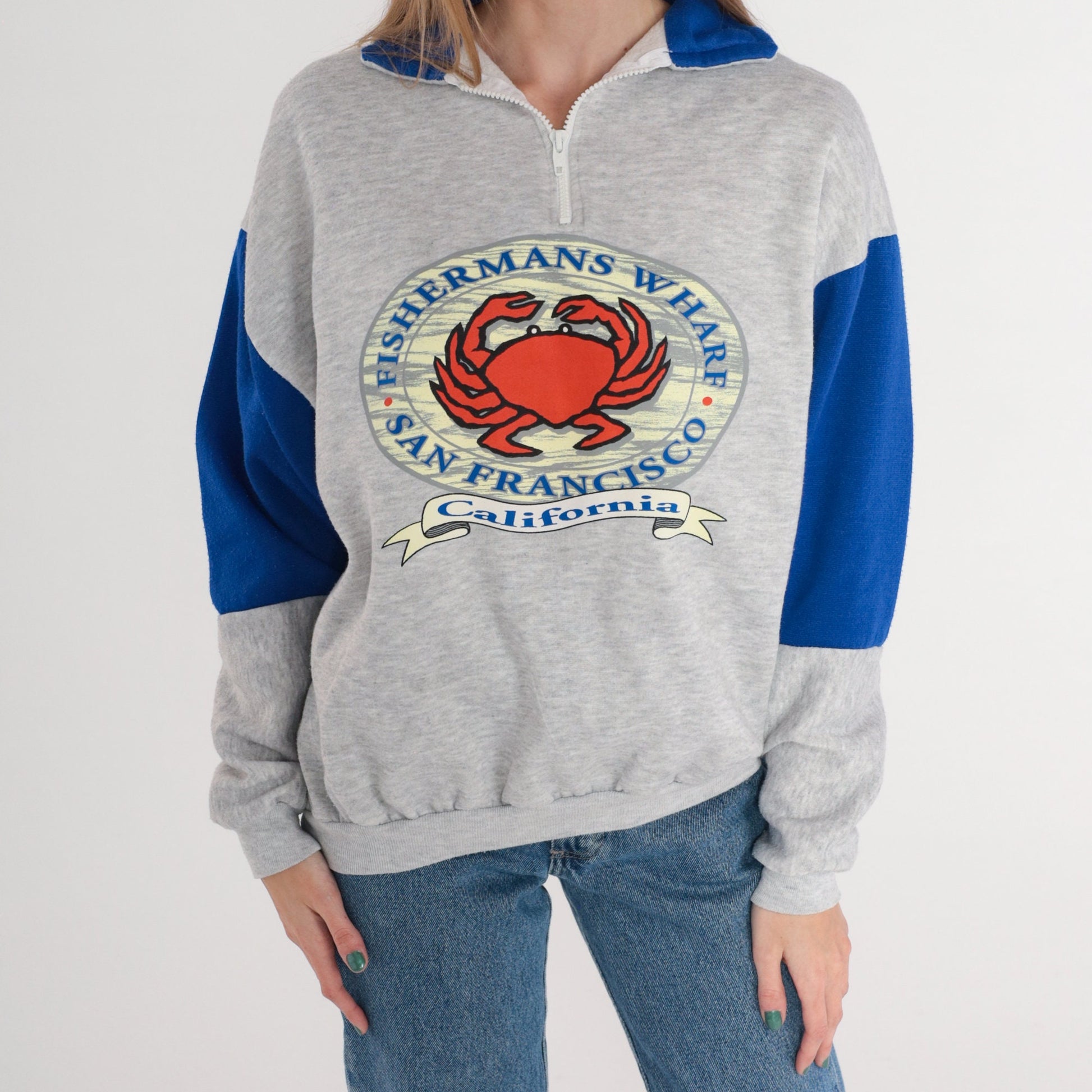80s San Francisco Fisherman's Wharf Crab Graphic Sweatshirt Quarter Zip Grey Medium