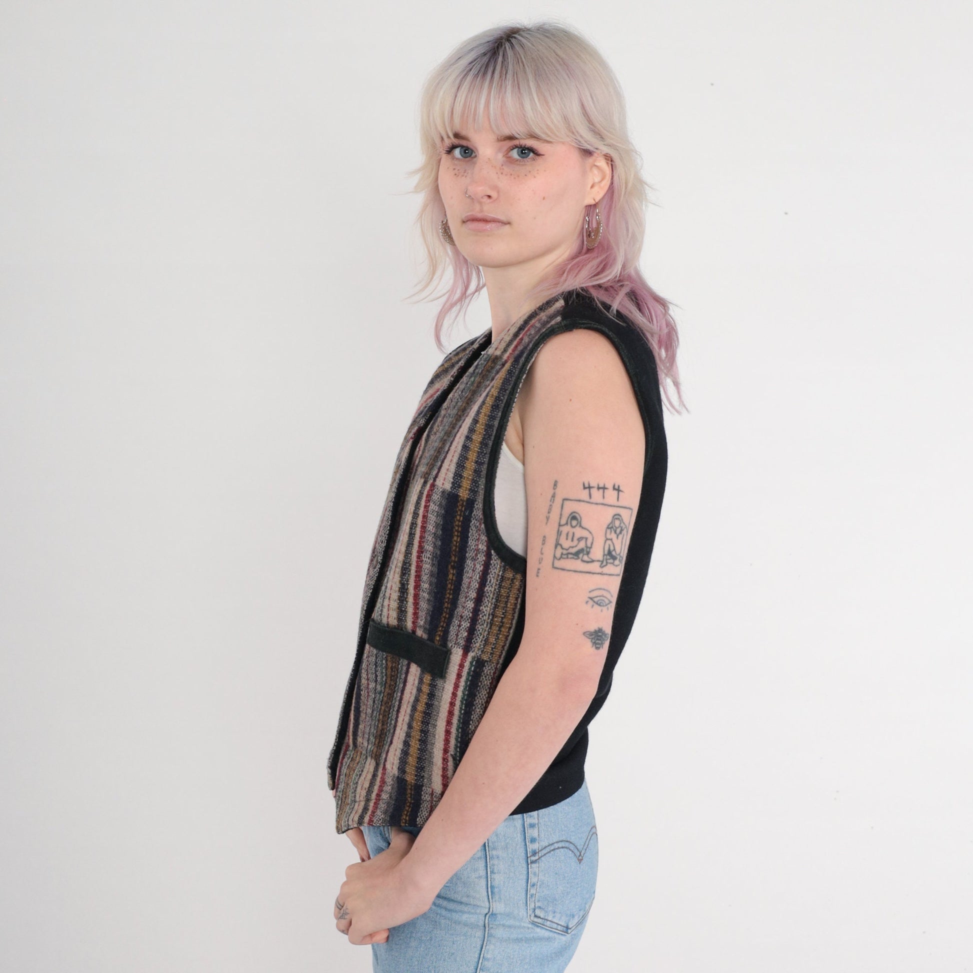 90s Striped Wool Blend Vest Snap Button Sleeveless Knit Small S