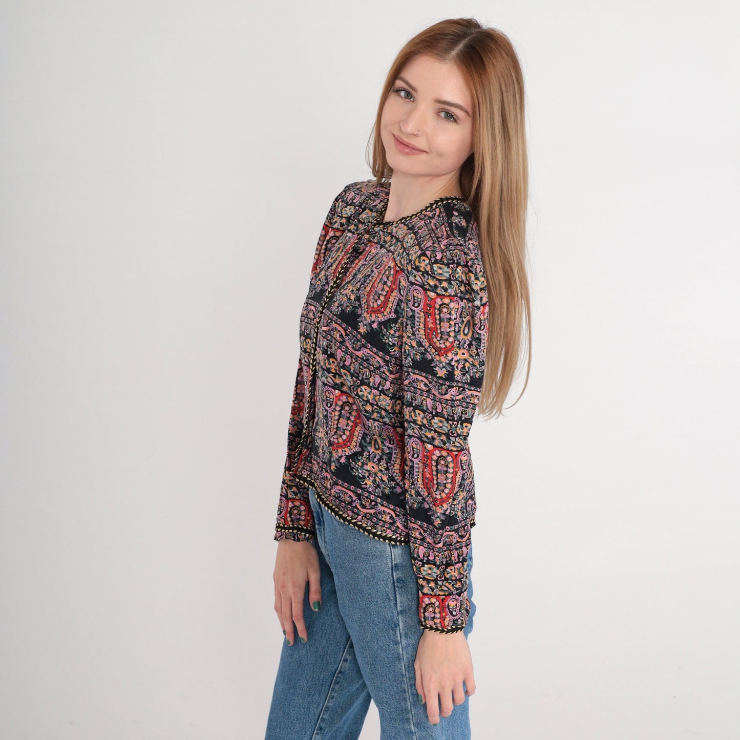 90s Maggie London Silk Blouse Black Paisley Floral Puff Sleeve Medium