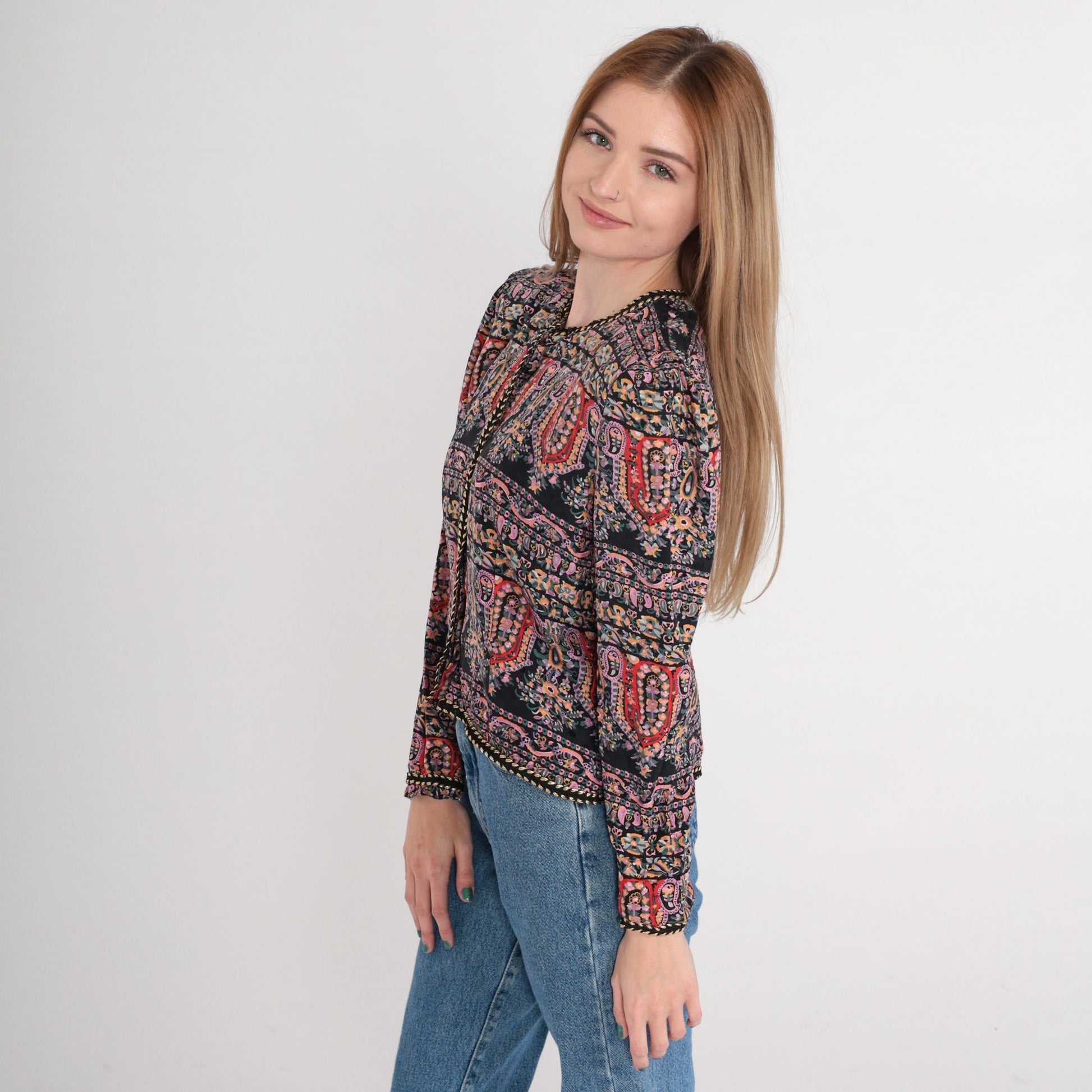 90s Maggie London Silk Blouse Black Paisley Floral Puff Sleeve Medium