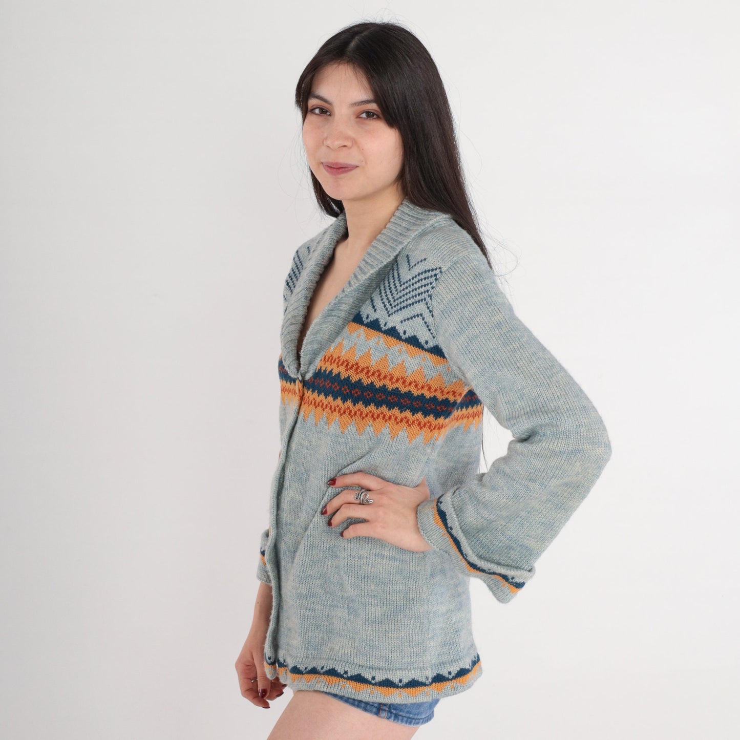 70s Fair Isle Cardigan Blue Geometric Nordic Knit Shawl Collar Medium M