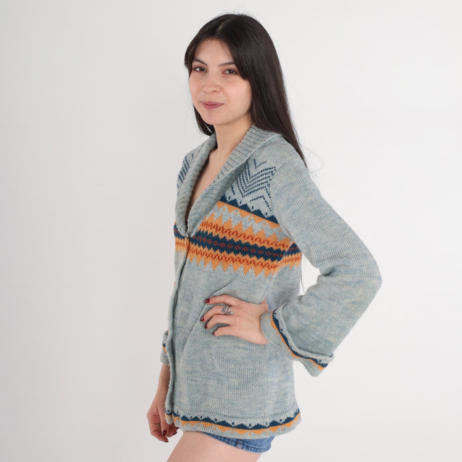 70s Fair Isle Cardigan Blue Geometric Nordic Knit Shawl Collar Medium M