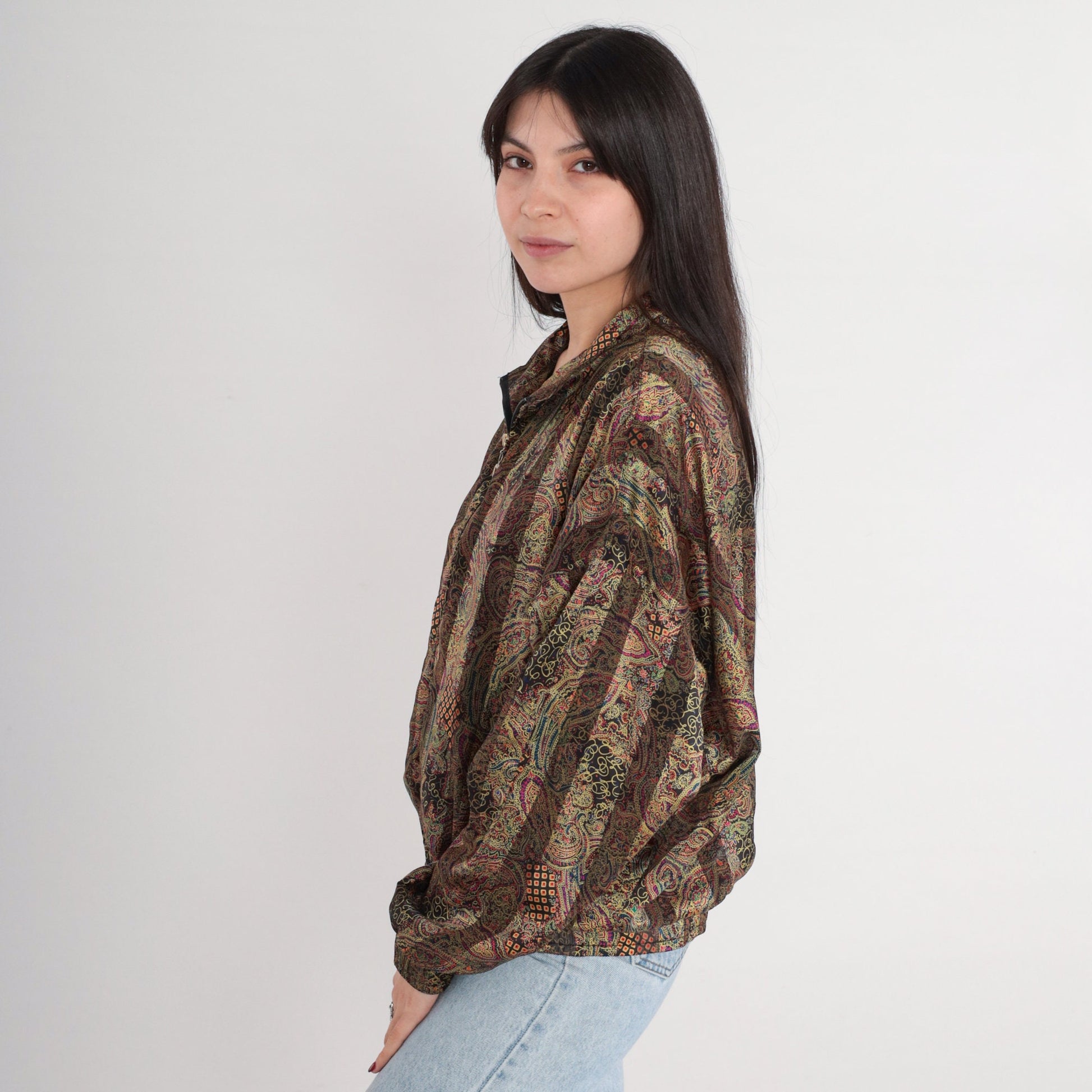 90s Paisley Striped Bomber Jacket Heart Zipper Windbreaker Medium M
