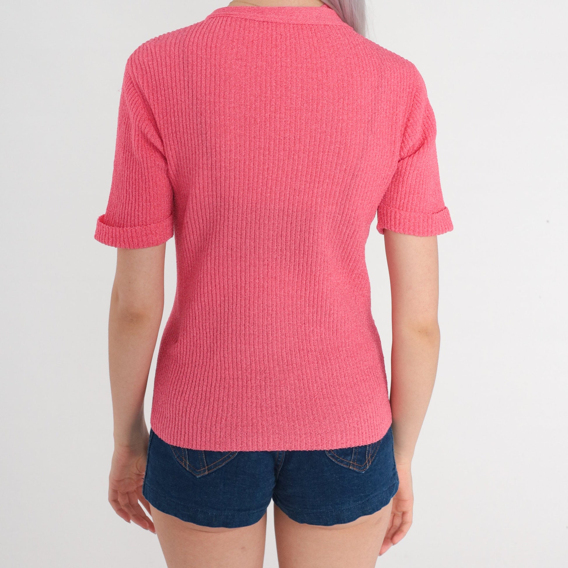 70s Pink Ribbed Knit Cardigan Short Sleeve Button Up Top Small