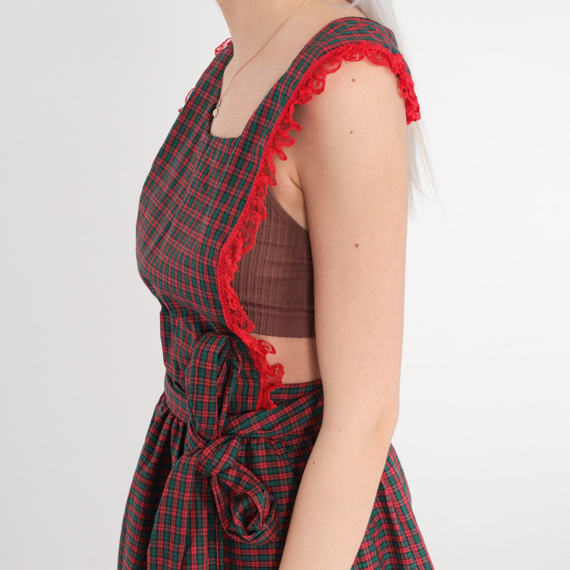 70s Red Green Plaid Apron Dress Lace Trim Open Back Small Medium