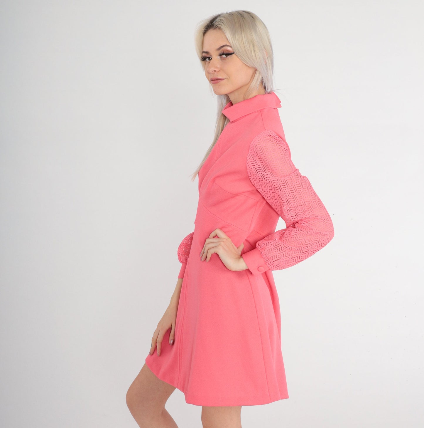 70s Pink Mini Dress Empire Waist Lace Sleeve High Mock Neck Medium M