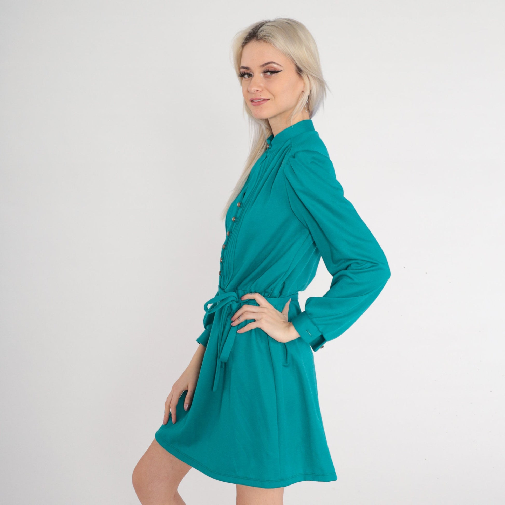 1970s Teal Green Wool Blend Mini Dress Puff Sleeve Button-Up High Waist Medium