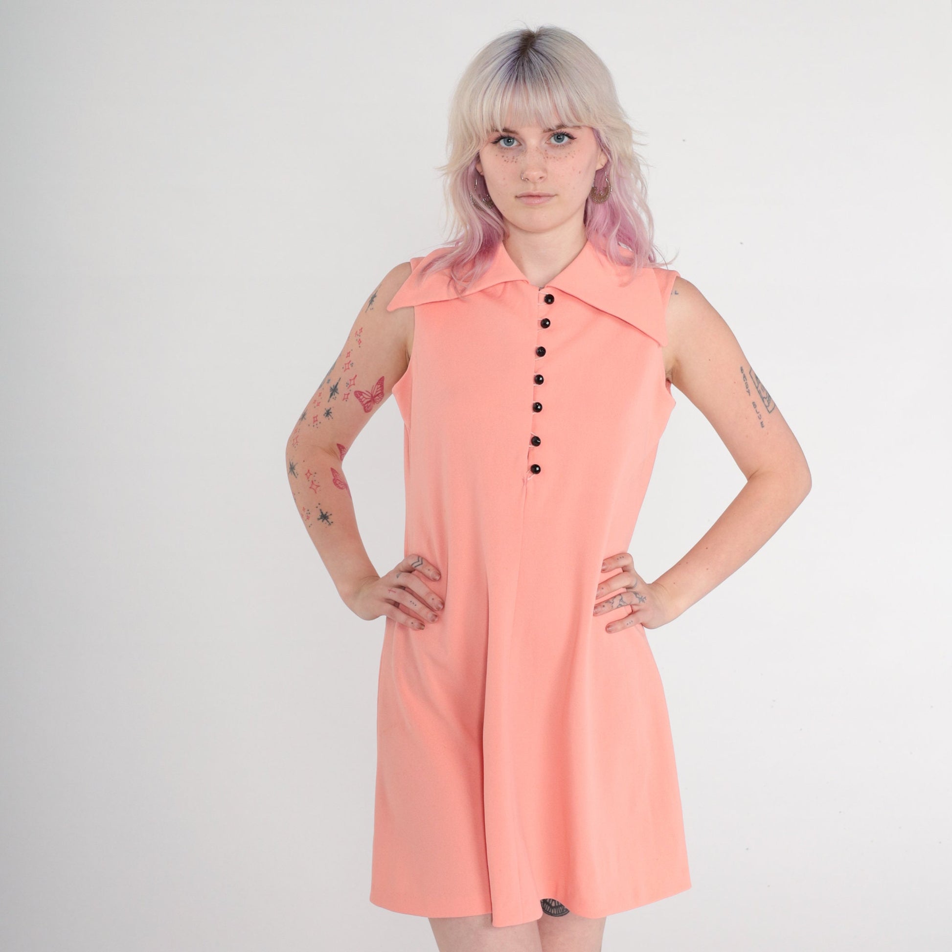 70s Peach Mod Mini Shift Dress Button-Up Sleeveless Collared Medium