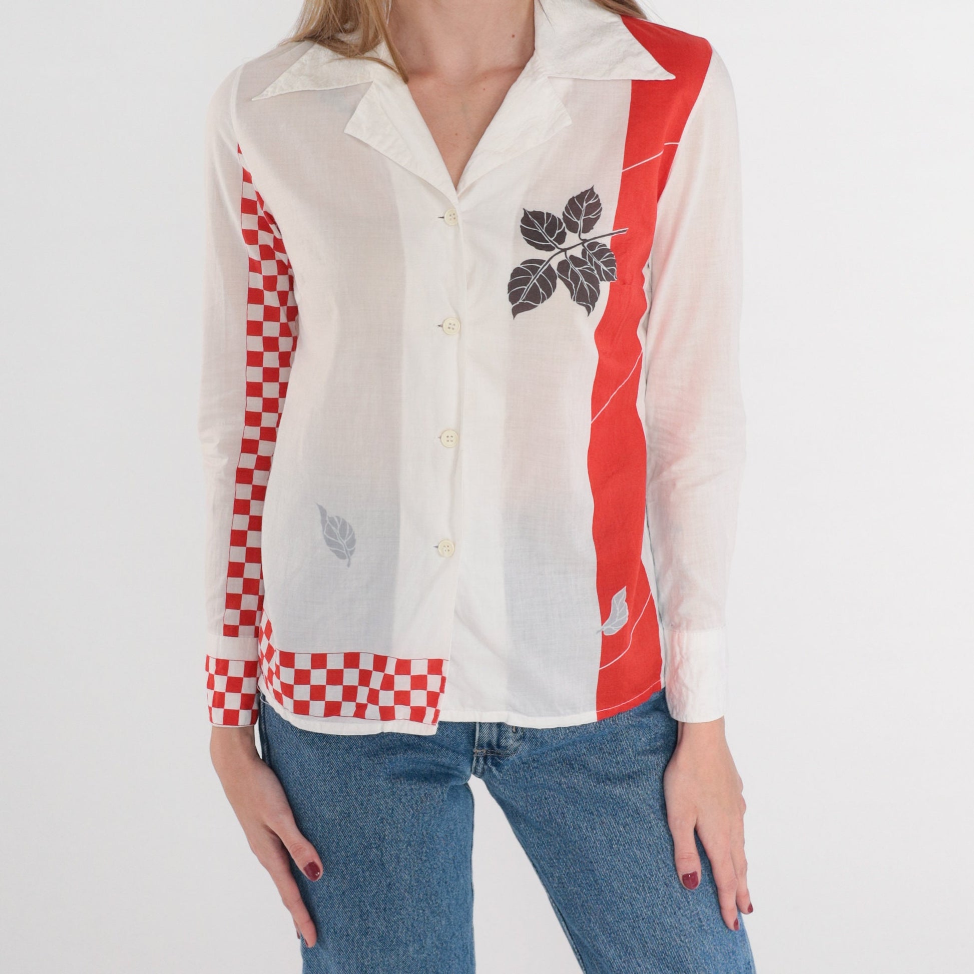 80s Leaf Print Button-Up Blouse White Red Checkered Striped Long Sleeve Extra Small
