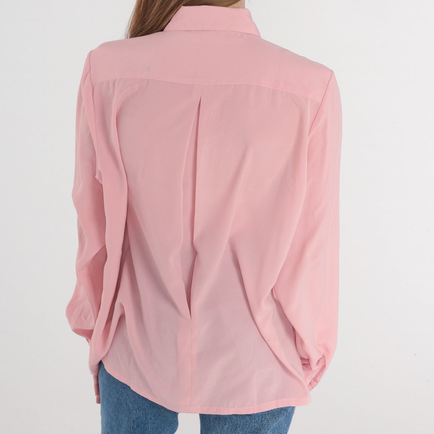 80s Pink Pleated Blouse Embroidered Long Sleeve Button Up Collared Shirt Large L