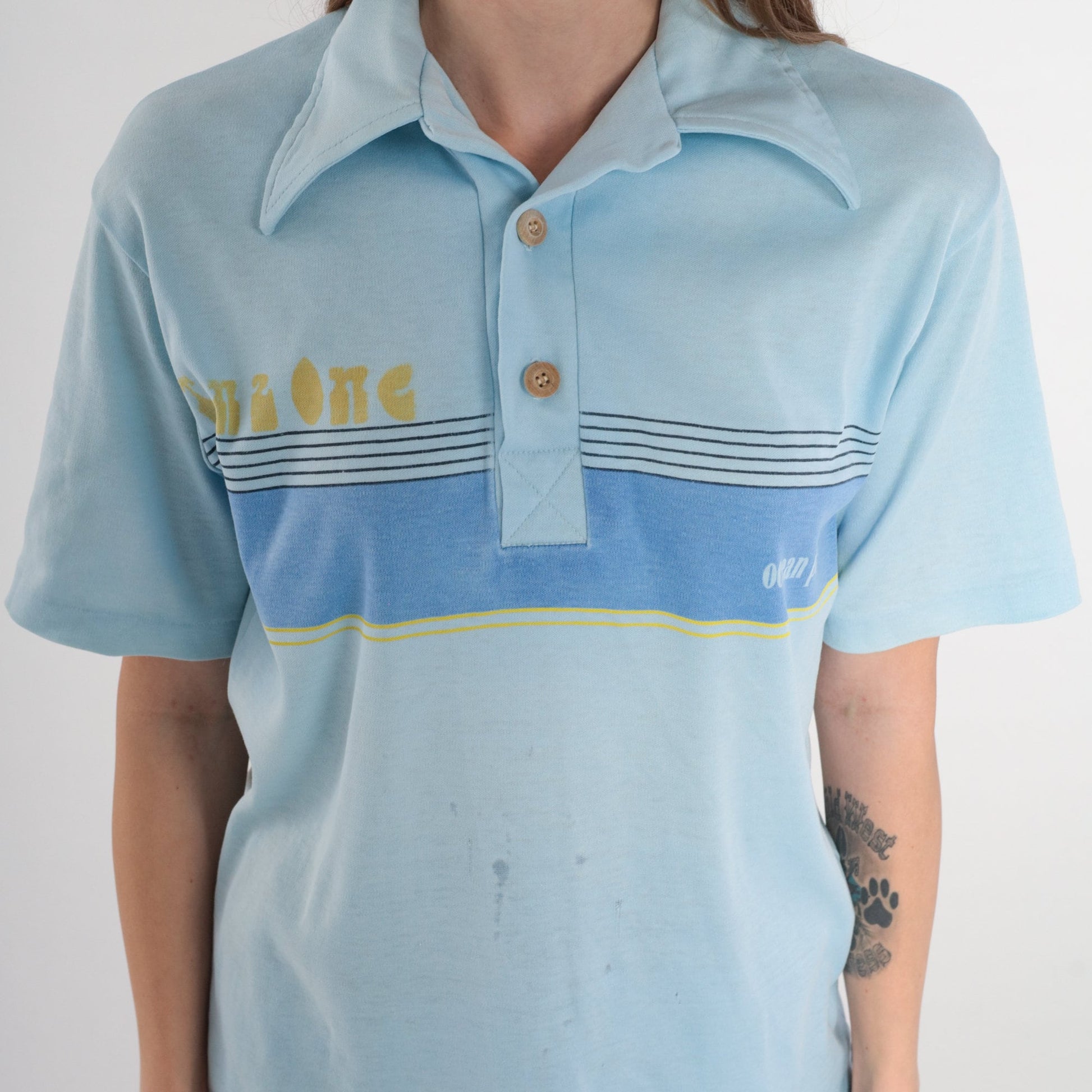 70s Ocean Pacific Tenz One Striped Polo Shirt Blue Small