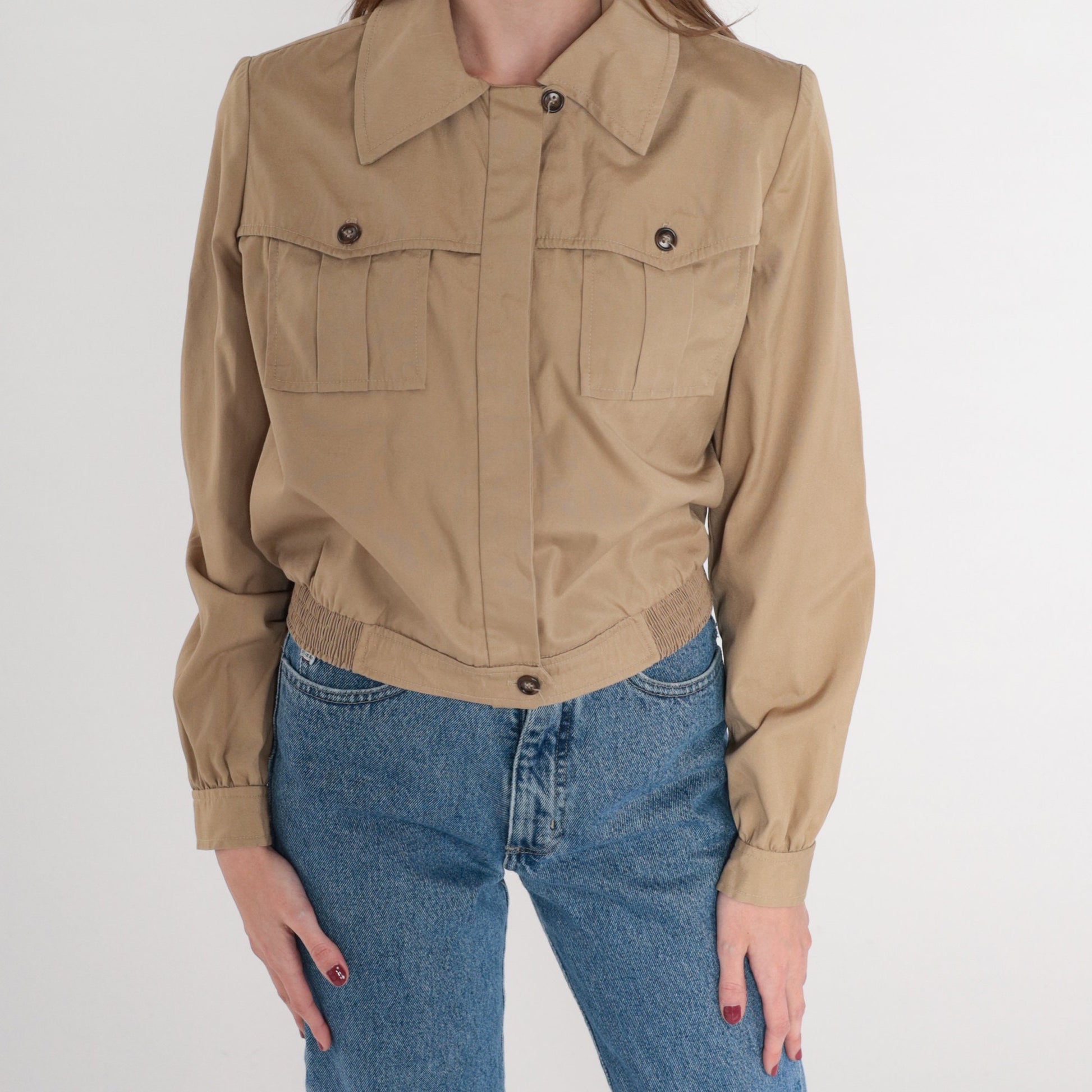 70s Tan Cropped Jacket Cargo Pockets Collared Bomber Extra Small