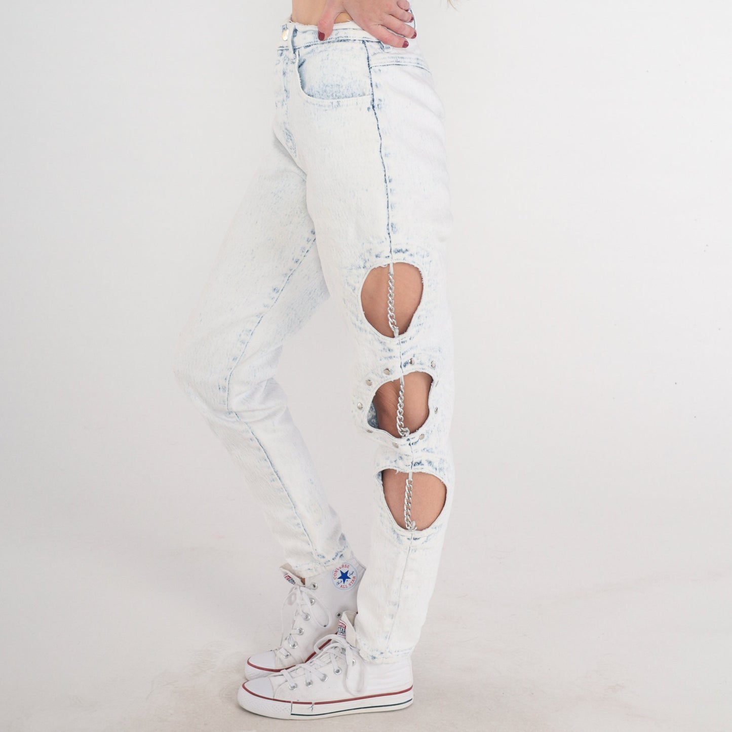 90s Cutout Chain Skinny Jeans Pale Blue Stone Wash High Waisted Extra Small