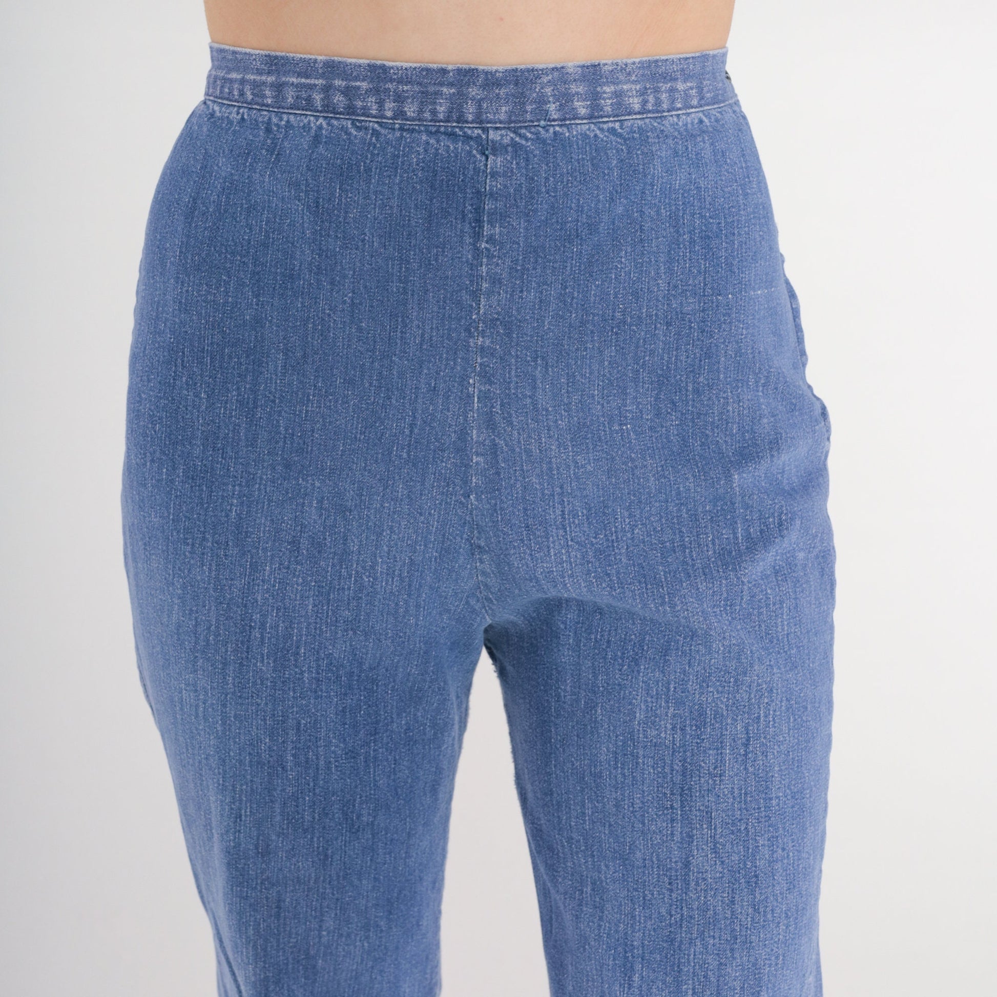 70s Bell Bottom Jeans Cropped High Rise Raw Hem Blue Denim Extra Small