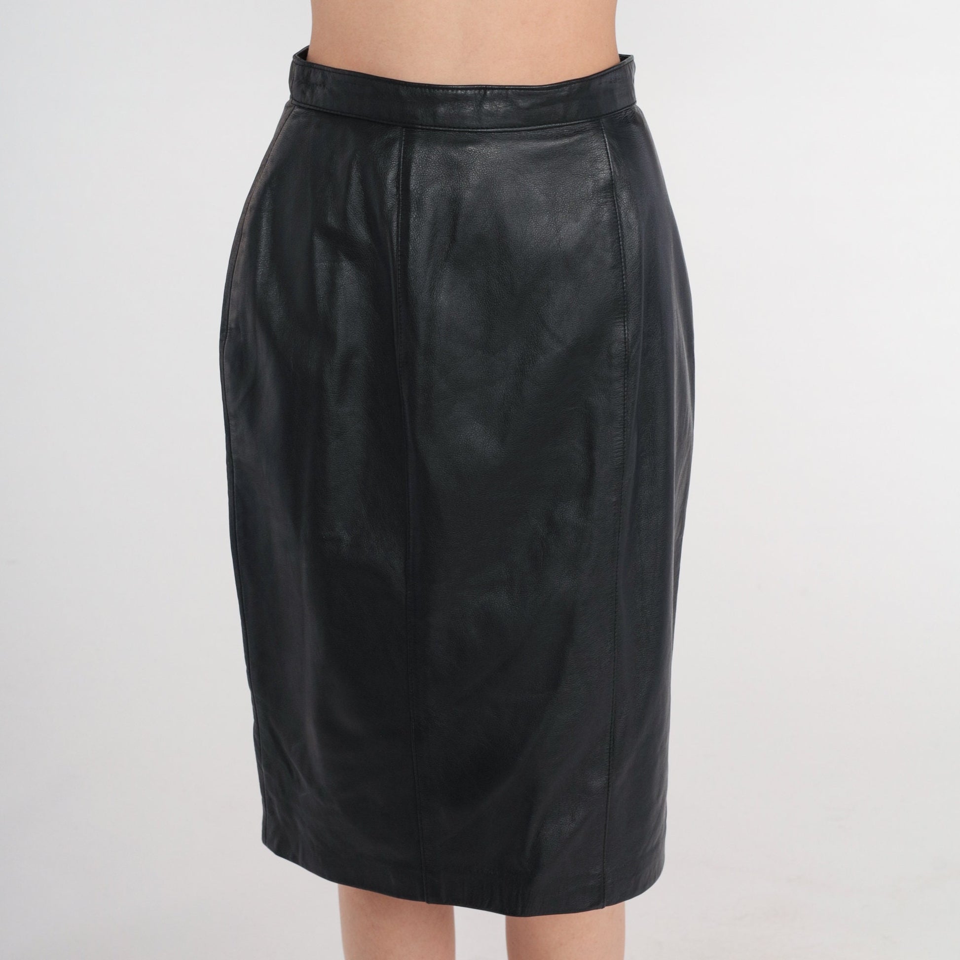 80s Black Leather Pencil Skirt High Waisted Knee Length Small