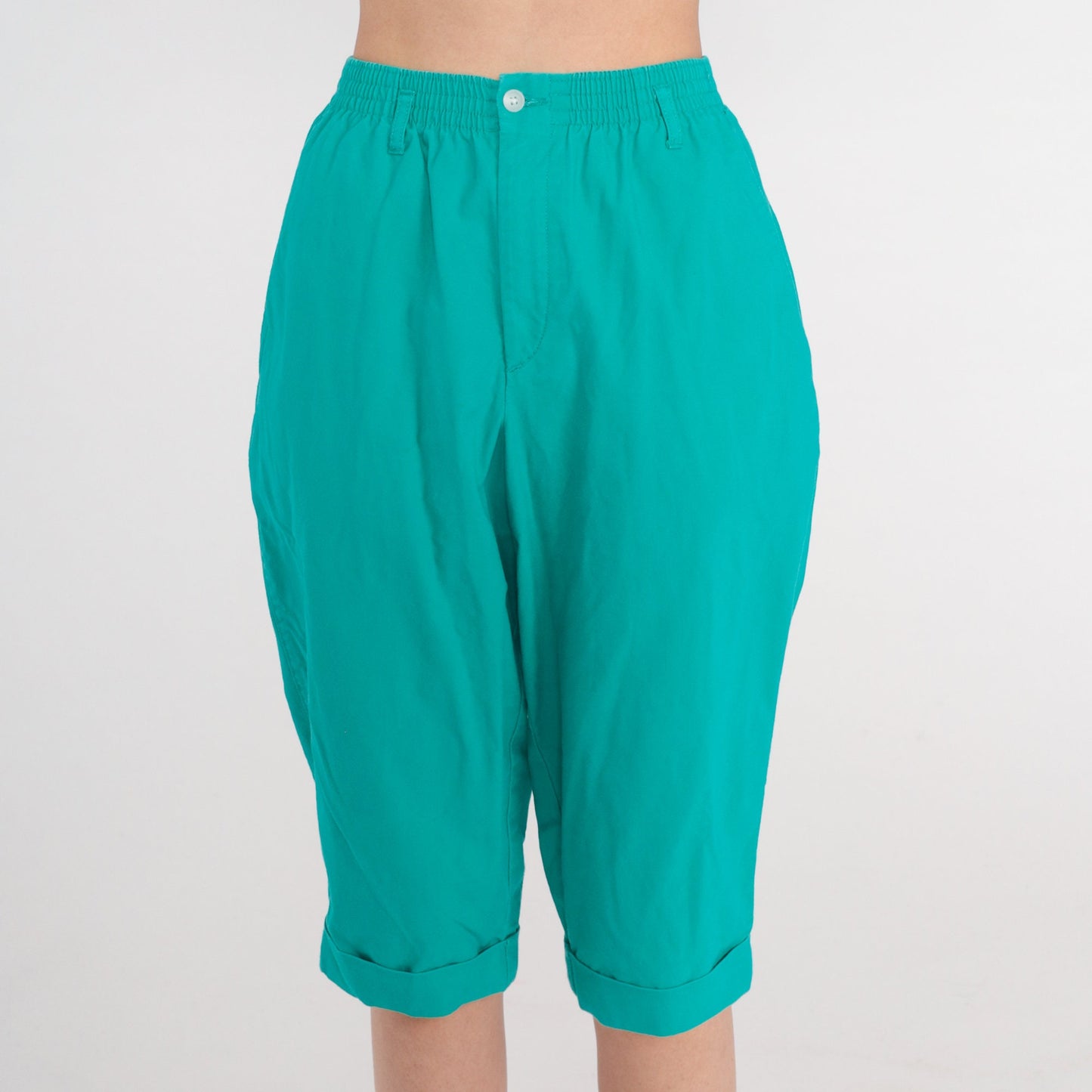 90s Turquoise Capri Pants High Waist Cuffed Cropped Trousers Extra Small