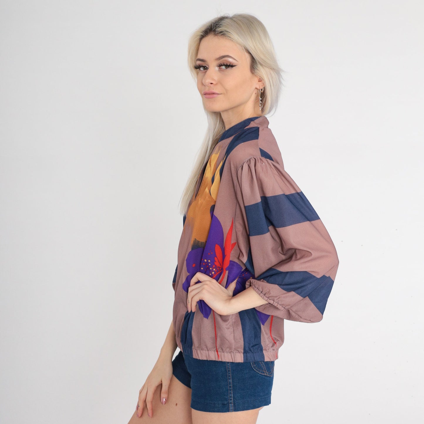 70s Striped Floral Blouse V-Neck 3/4 Sleeve Taupe Navy Yellow Medium