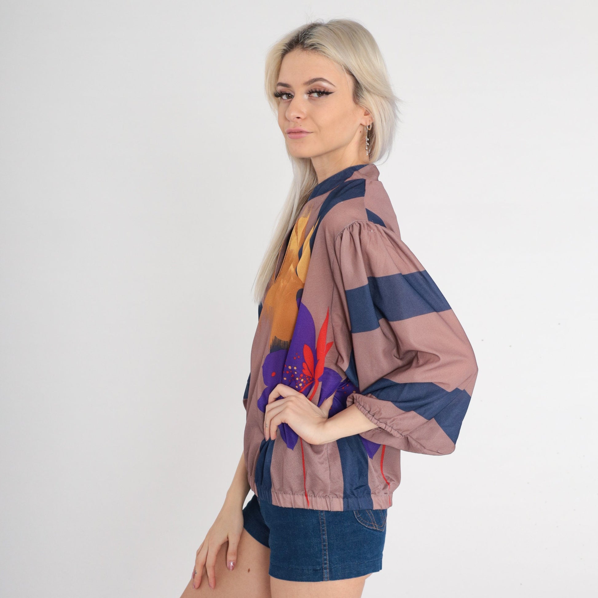 70s Striped Floral Blouse V-Neck 3/4 Sleeve Taupe Navy Yellow Medium