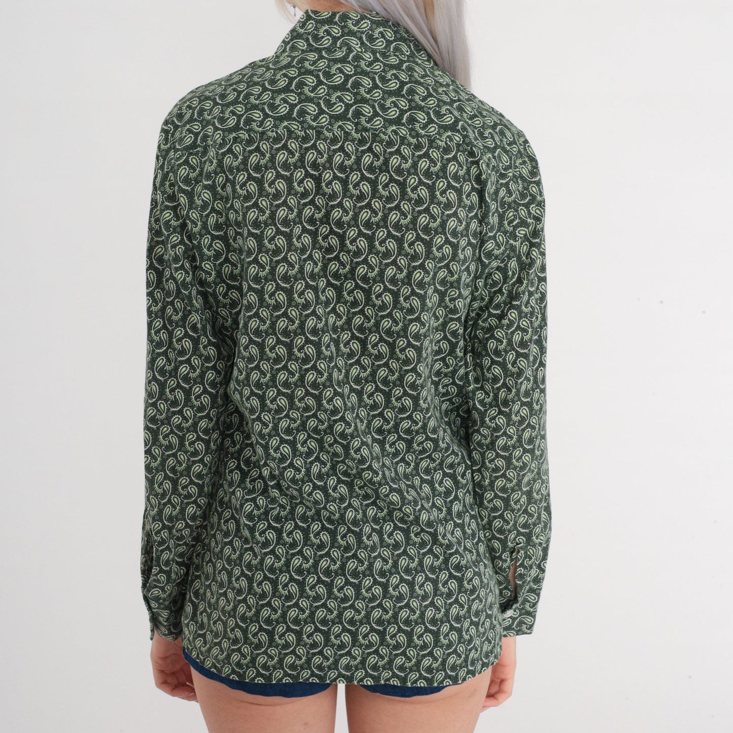 70s Paisley Button-Up Shirt Dark Green Pointed Collar Disco Long Sleeve Medium