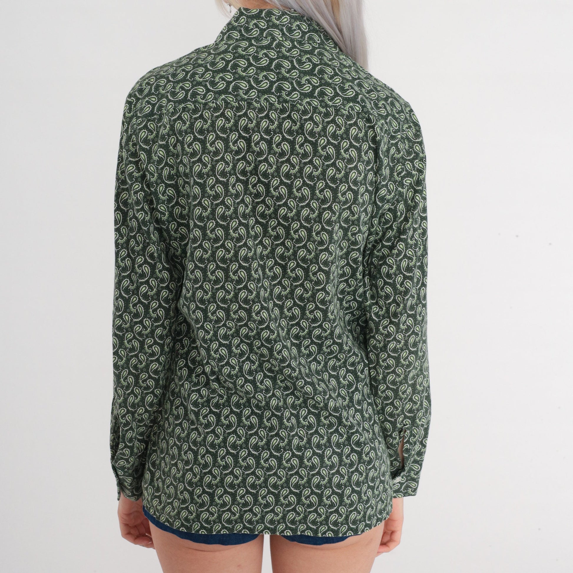 70s Paisley Button-Up Shirt Dark Green Pointed Collar Disco Long Sleeve Medium