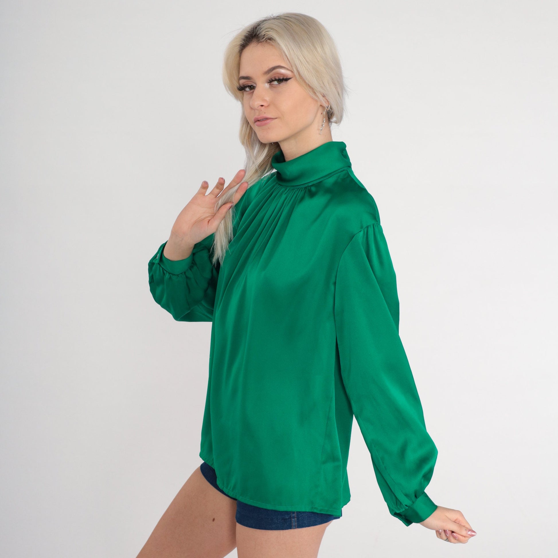 80s Green Satin Pleated Blouse Mock Neck Button Back Long Sleeve Medium