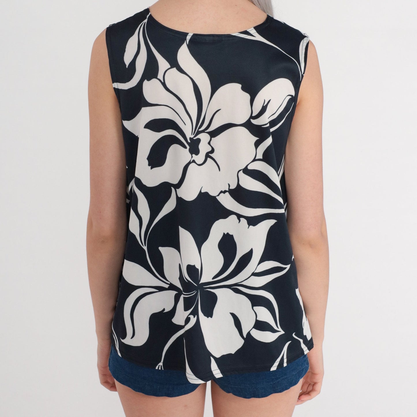 80s Black White Tropical Floral Tank Top Sleeveless Blouse Large L