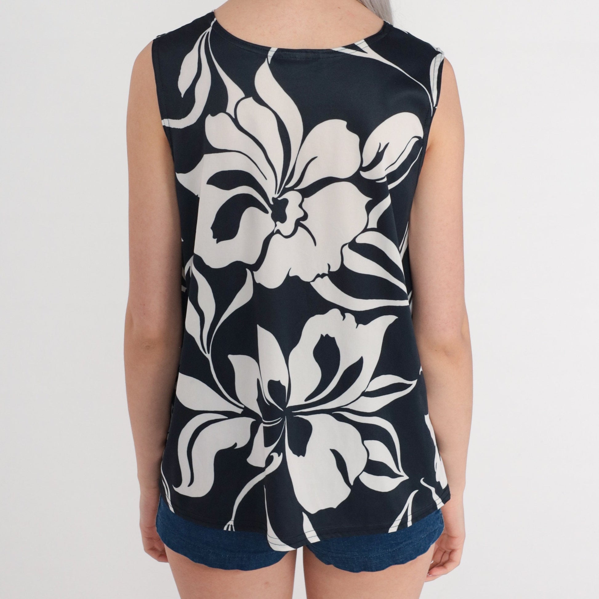 80s Black White Tropical Floral Tank Top Sleeveless Blouse Large L