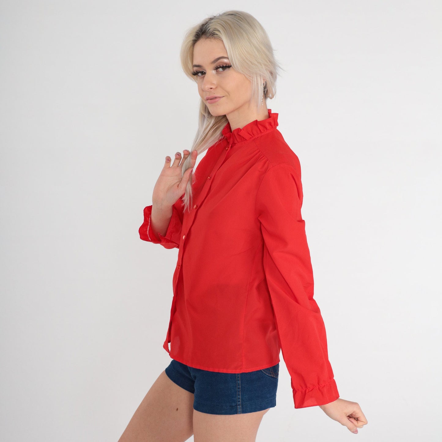80s Red Ruffle Blouse High Neck Button-Up Sheer Long Sleeve Small