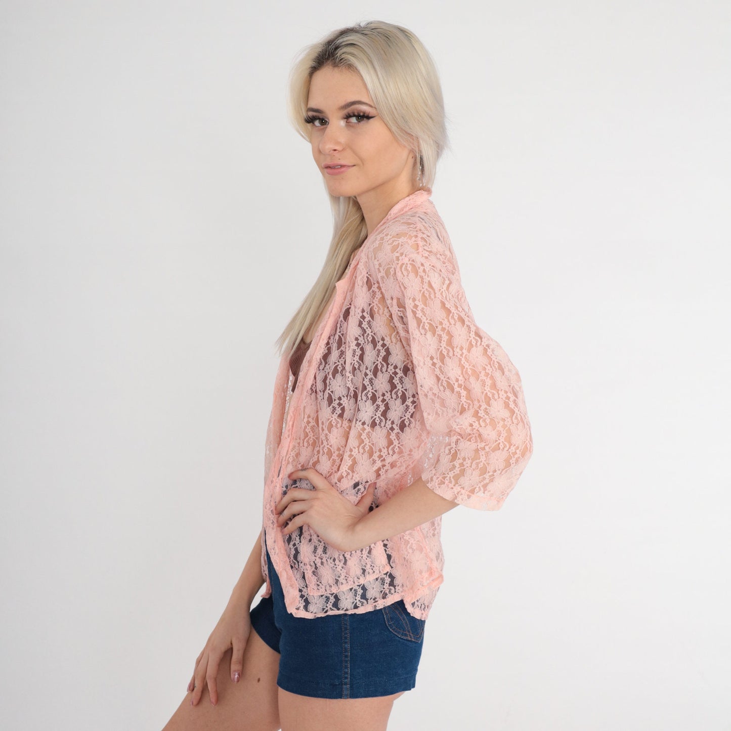 70s Playmate Pink Lace Bed Jacket 3/4 Sleeve Open Front Medium M