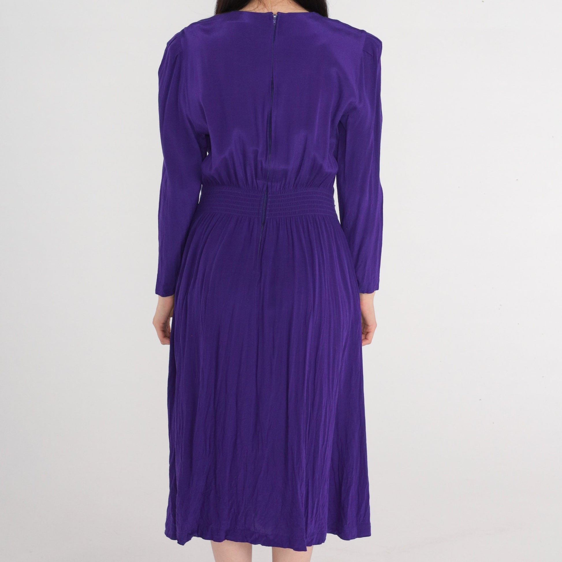 80s Karin Stevens Royal Purple Beaded Midi Dress Puff Sleeve Medium