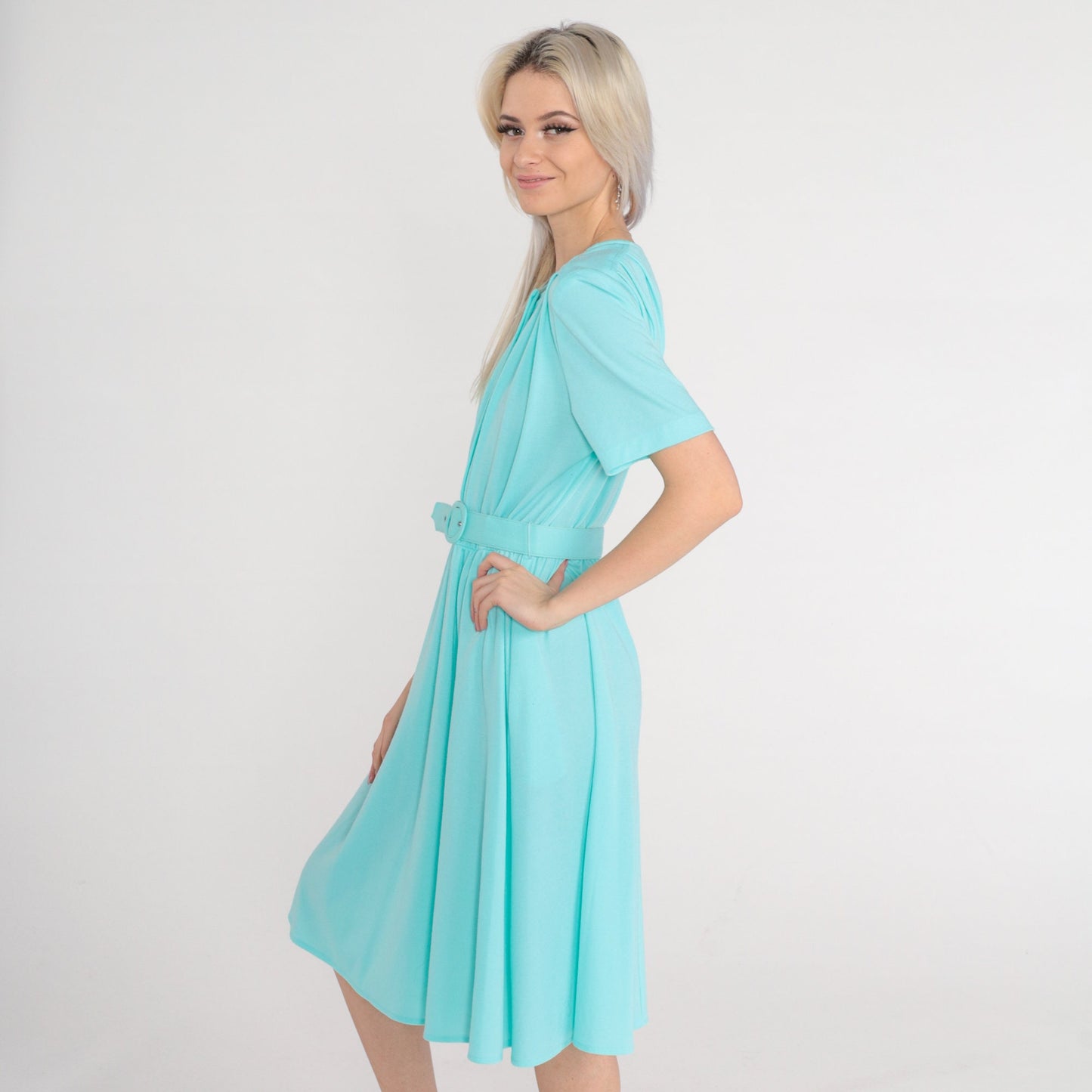 80s Mint Blue Button-Up Midi Shirtdress High Waisted Belted Secretary Medium