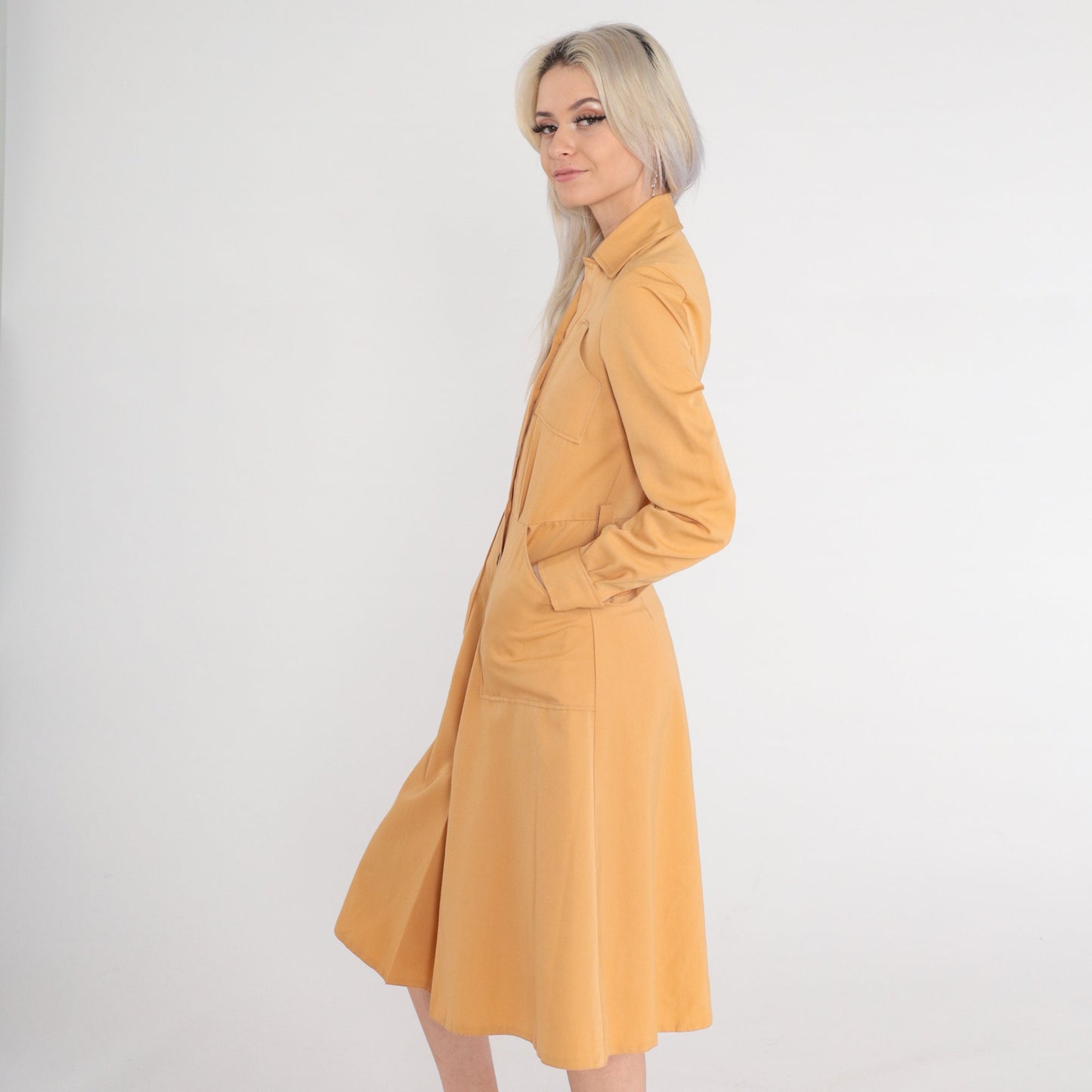 70s Camel Midi Shirtdress High Waisted Button Up Collared Long Sleeve Extra Small