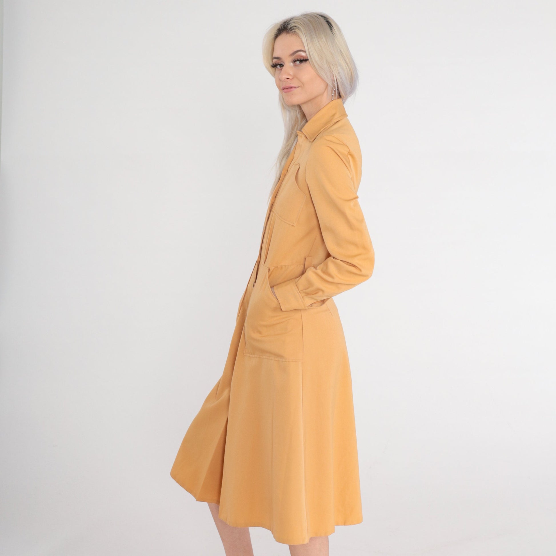 70s Camel Midi Shirtdress High Waisted Button Up Collared Long Sleeve Extra Small