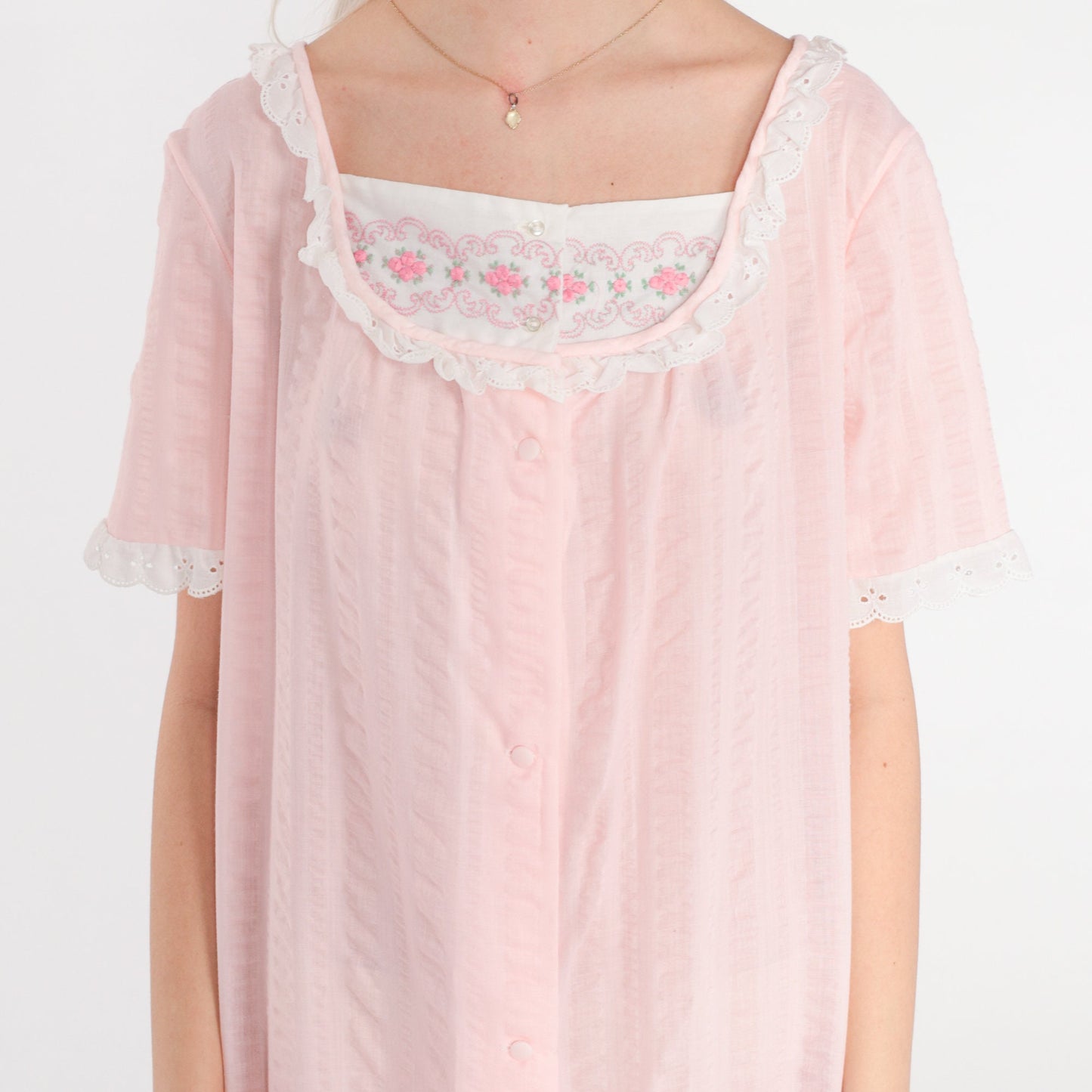 70s Baby Pink Striped Nightgown Maxi Eyelet Lace Floral Embroidered Medium