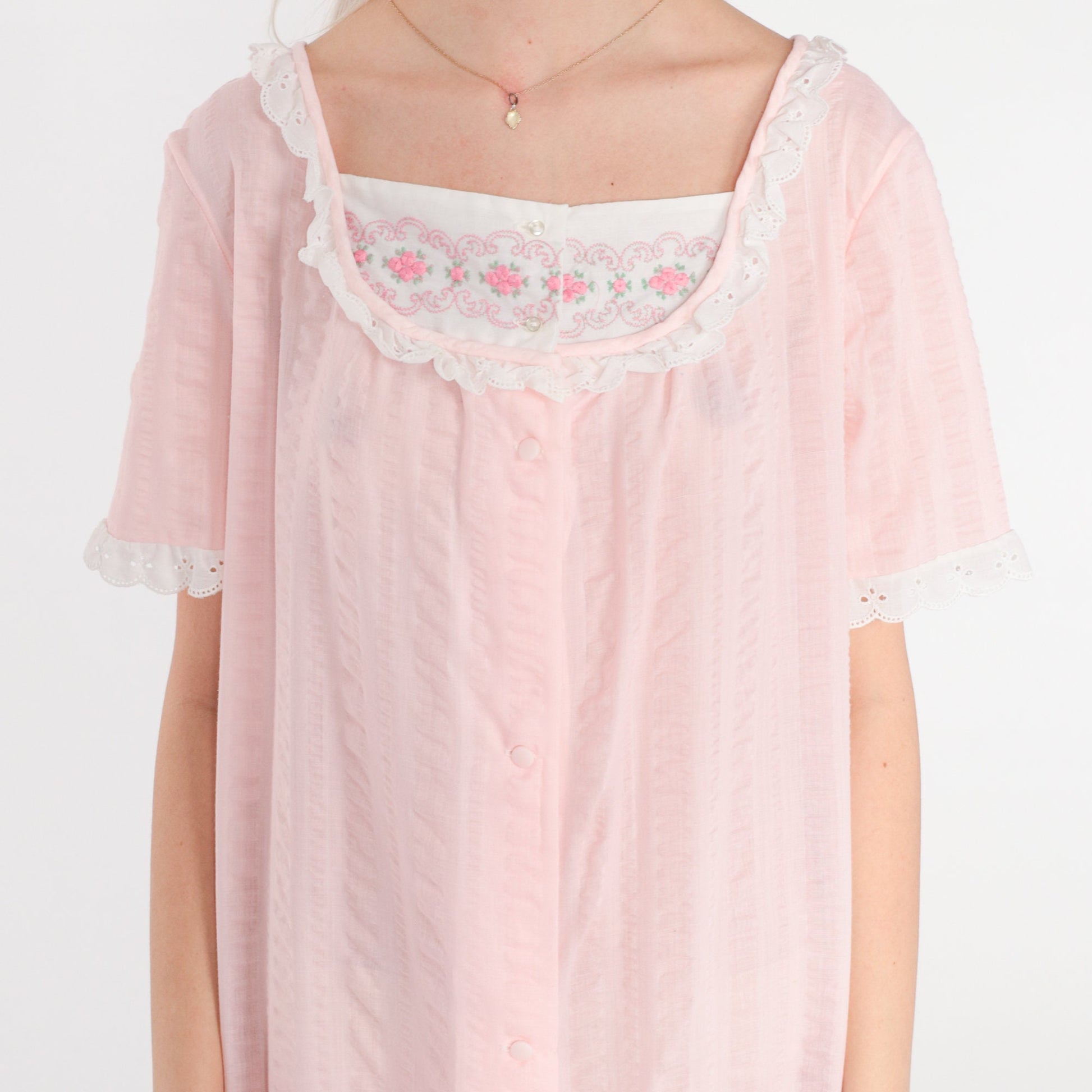 70s Baby Pink Striped Nightgown Maxi Eyelet Lace Floral Embroidered Medium