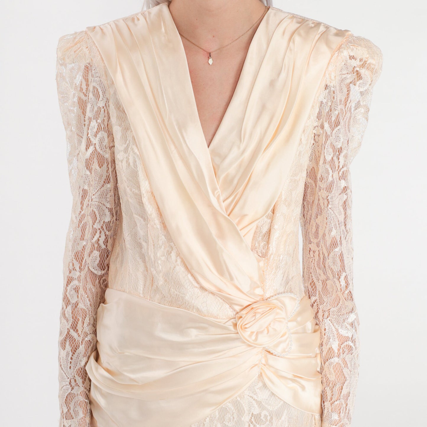 80s Peach Floral Lace Midi Dress Puff Sleeve Rosette Satin Drape Small