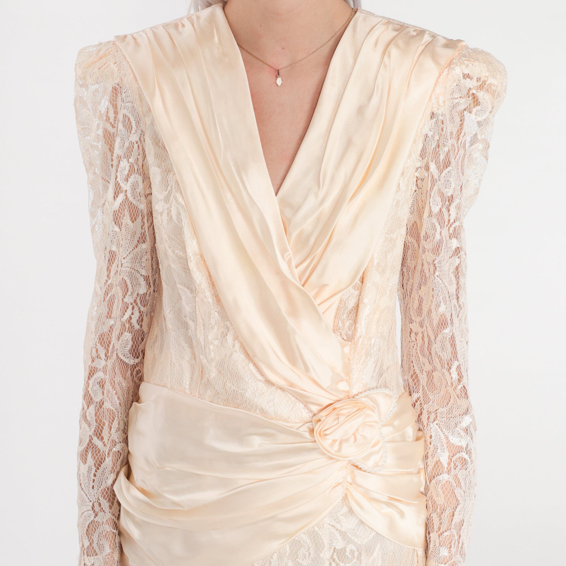 80s Peach Floral Lace Midi Dress Puff Sleeve Rosette Satin Drape Small