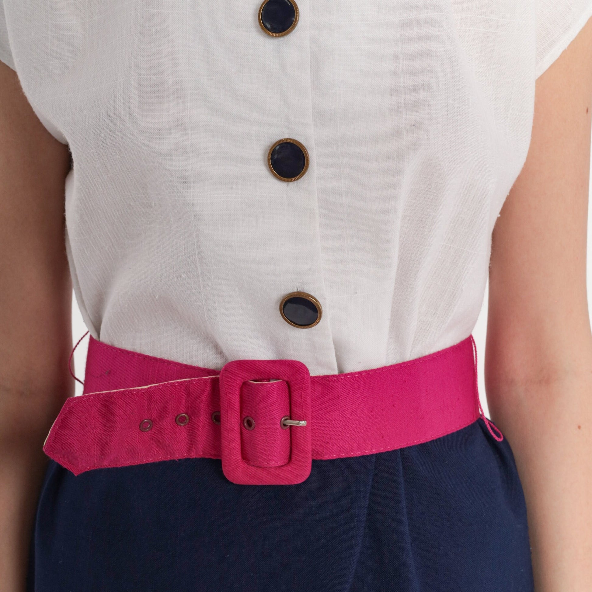 80s Color Block Mini Dress Button-Up White Navy Pink Belt Cap Sleeve Small